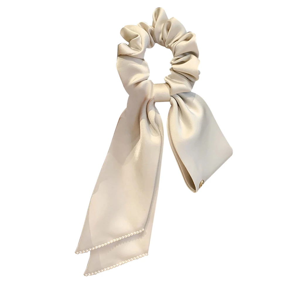 Ribbon Satin Bow Hair Scrunchies Elastic Securely Hold Elegant Satin Ponytail Holder for Girls Women Beige