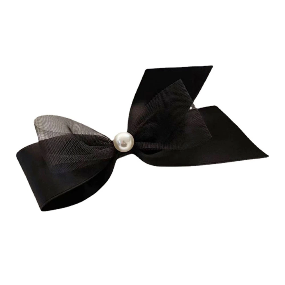 Satin Bowknot Hair Clip with Artificial Pearl Mesh Black Hair Bow Pin for Women Girls