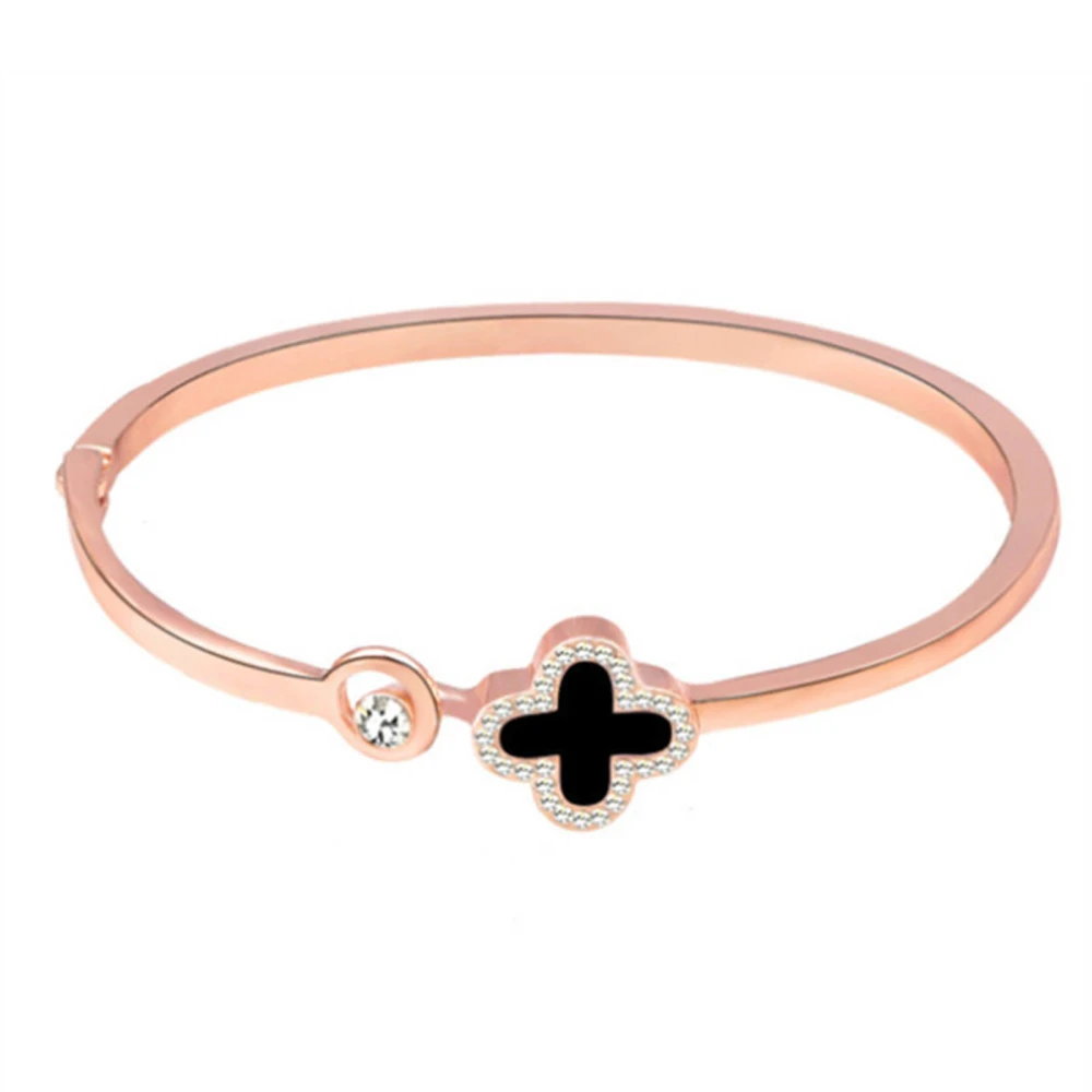 4 Leaves Clover Bracelet Rose Gold Plated Alloy Lucky 4 Leaf Bracelet Alloy Accessory Jewelry Rose Gold Black