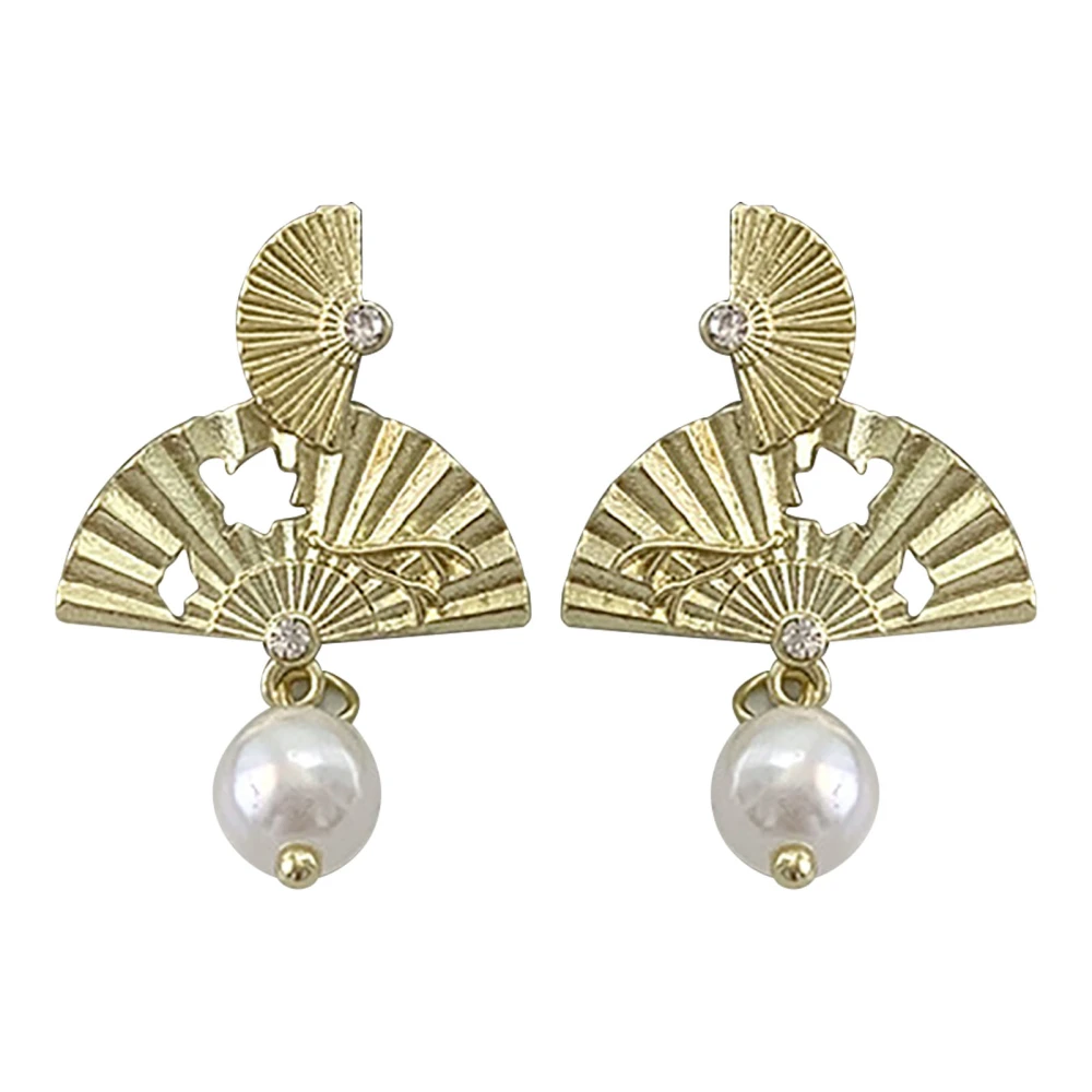 Earrings Retro Chinese Style 925 Silver Light Luxury Antique Fan Shaped with Pearl