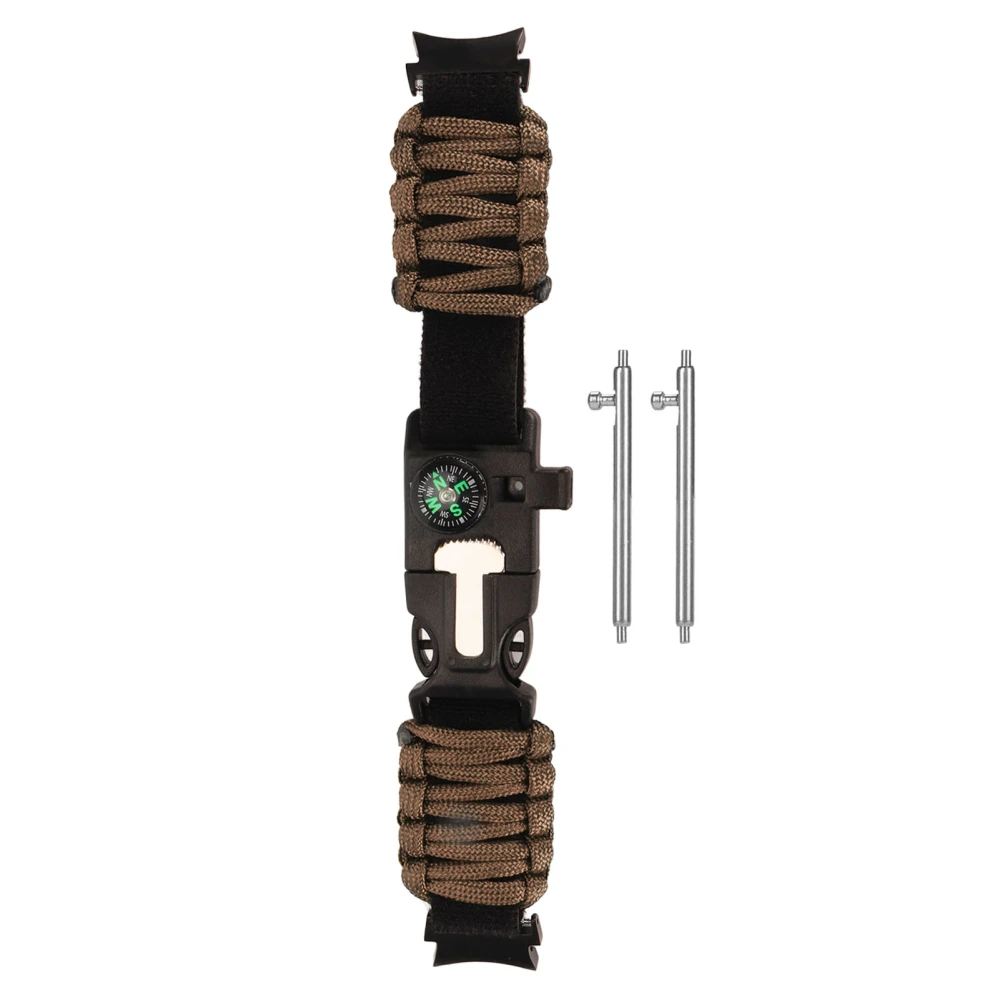 6 in 1 Paracord Bracelet Watch Band with Fire Starter Compass Whistle Fit for Samsung Watch 6 Brown