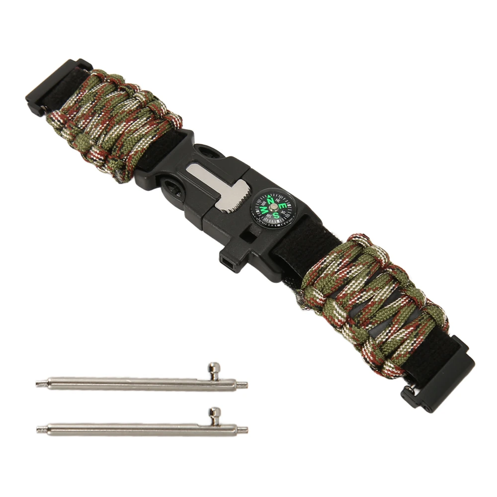 6 in 1 Paracord Bracelet Watch Band 22mm Buckle with Fire Starter Compass Whistle Fit for Huami Green Camouflage