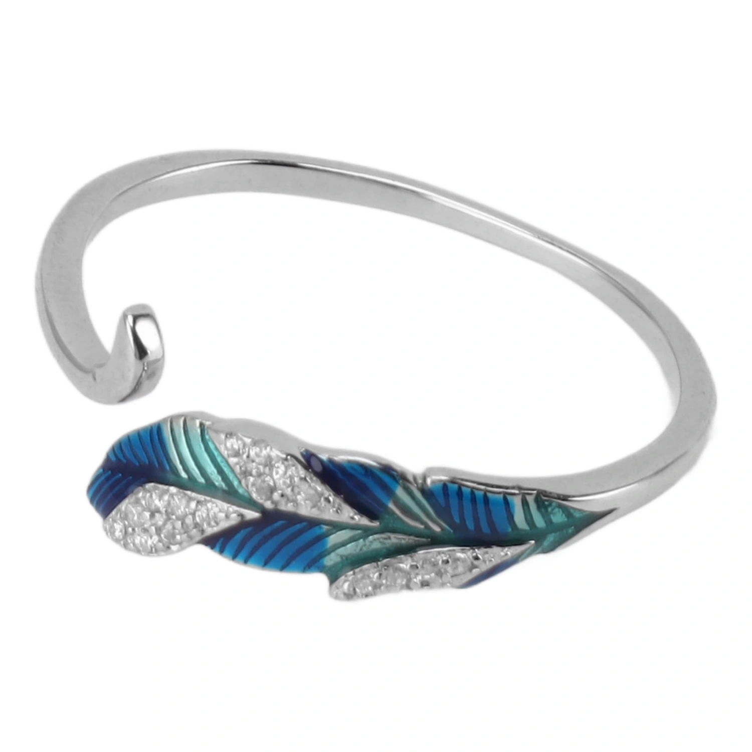 Open Ring S925 Sterling Silver Dazzling Platinum Blue Green Gradient Feather Shaped Adjustable Open Ring