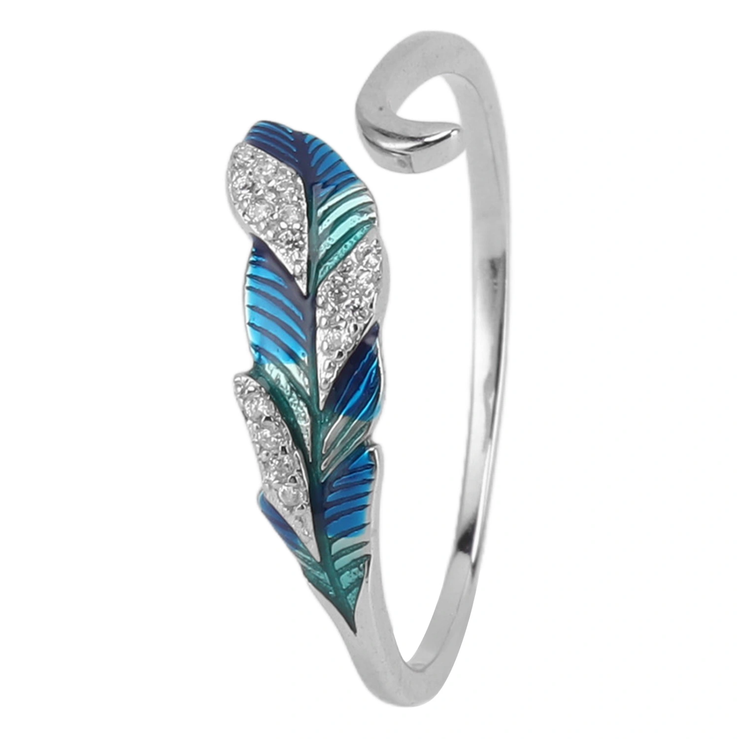 Open Ring S925 Sterling Silver Dazzling Platinum Blue Green Gradient Feather Shaped Adjustable Open Ring