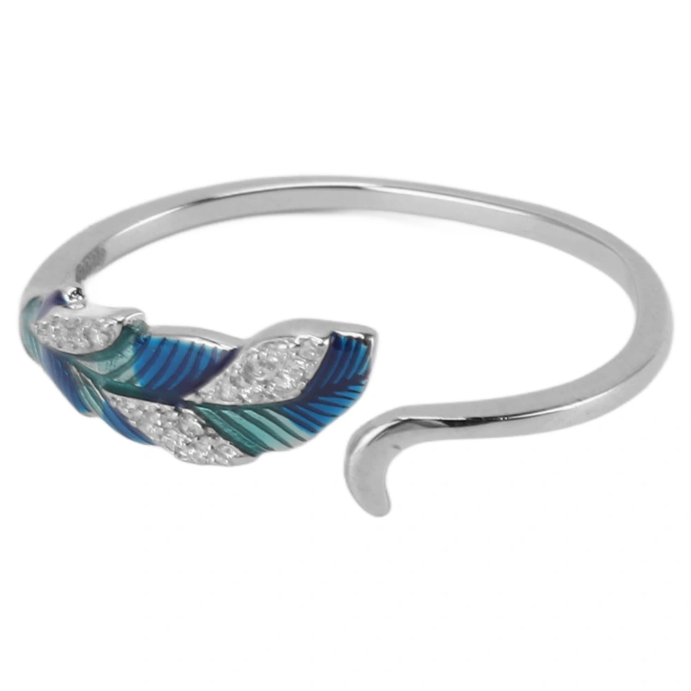 Open Ring S925 Sterling Silver Dazzling Platinum Blue Green Gradient Feather Shaped Adjustable Open Ring