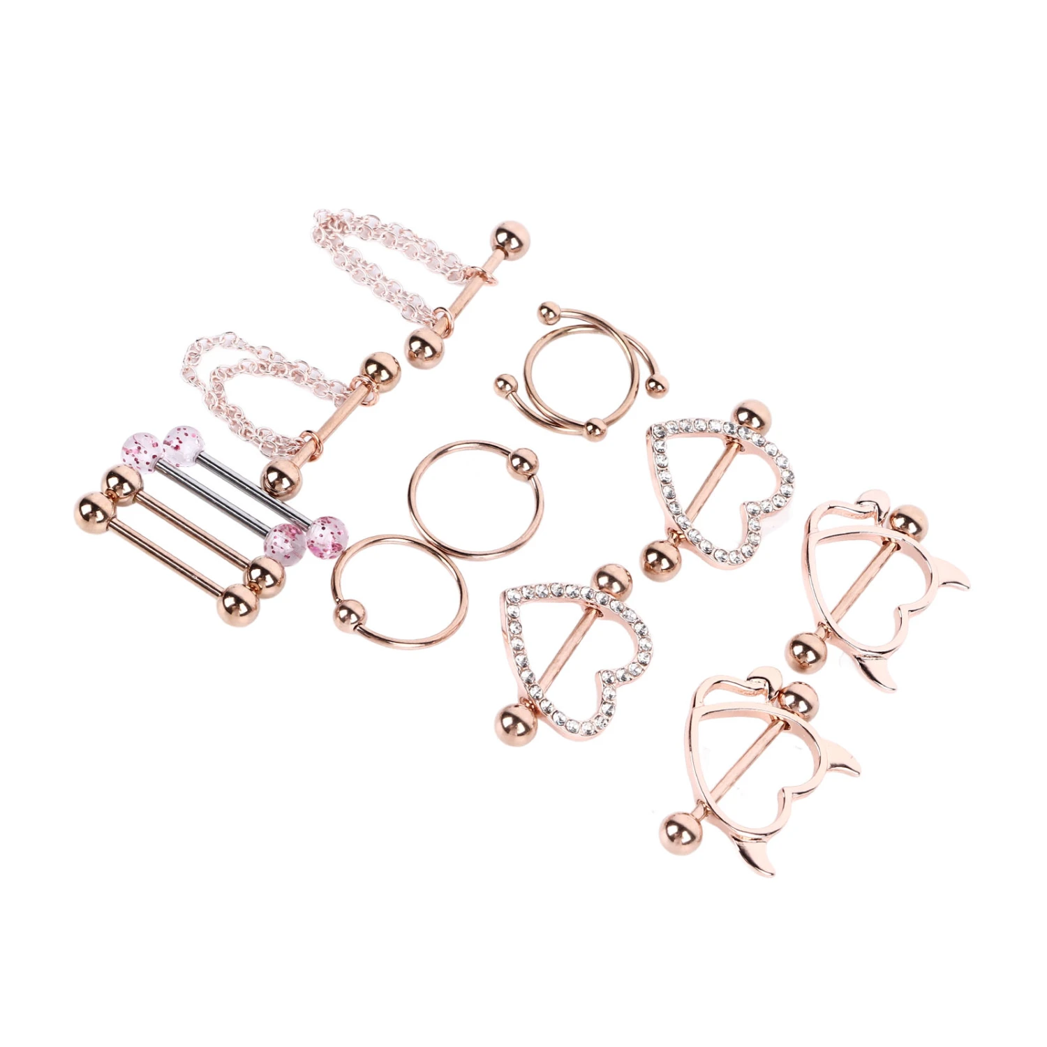 7 Pairs Stainless Steel Nipple Ring Heart Shaped Rose Gold Cool Safe Tongue Ring for Women Girls