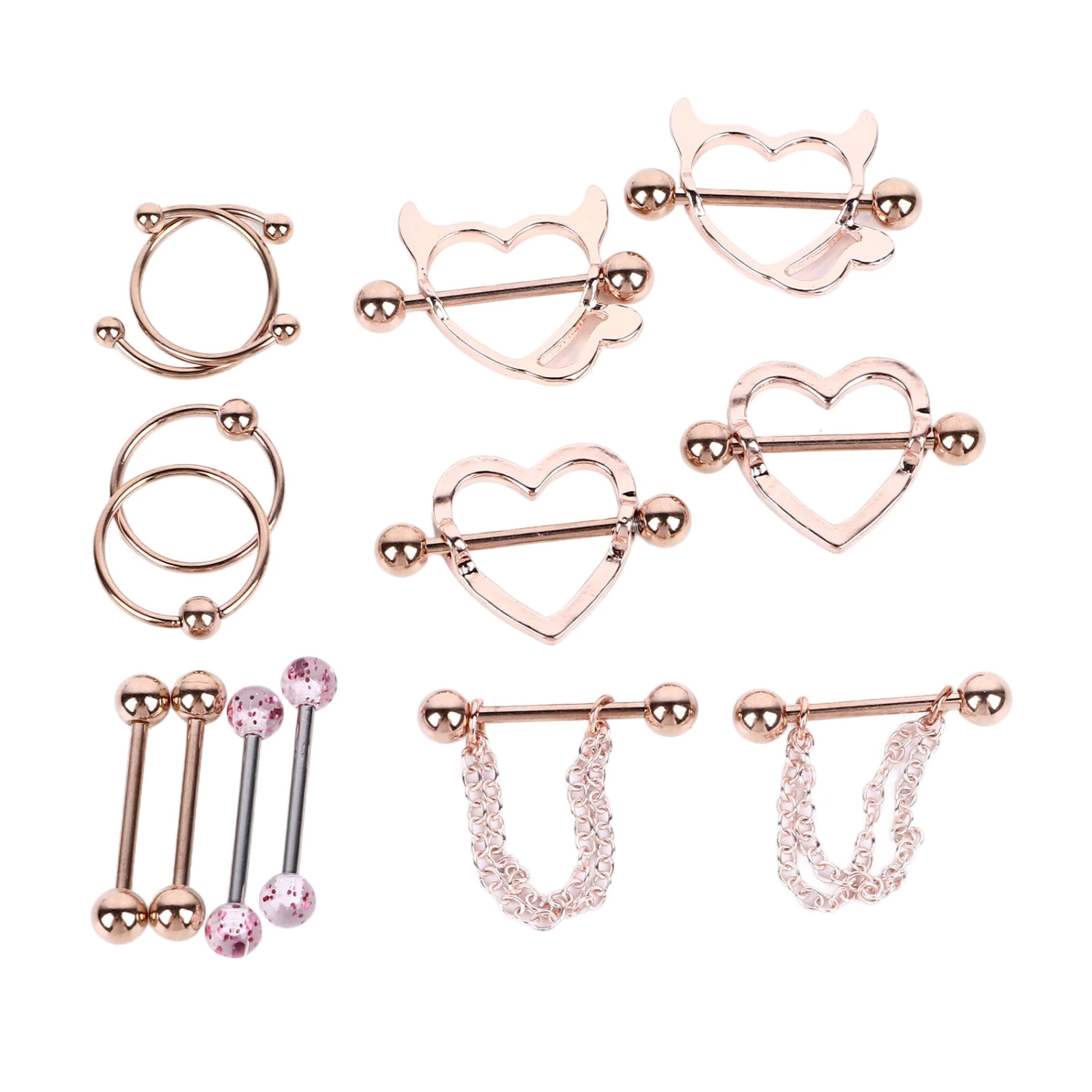 7 Pairs Stainless Steel Nipple Ring Heart Shaped Rose Gold Cool Safe Tongue Ring for Women Girls