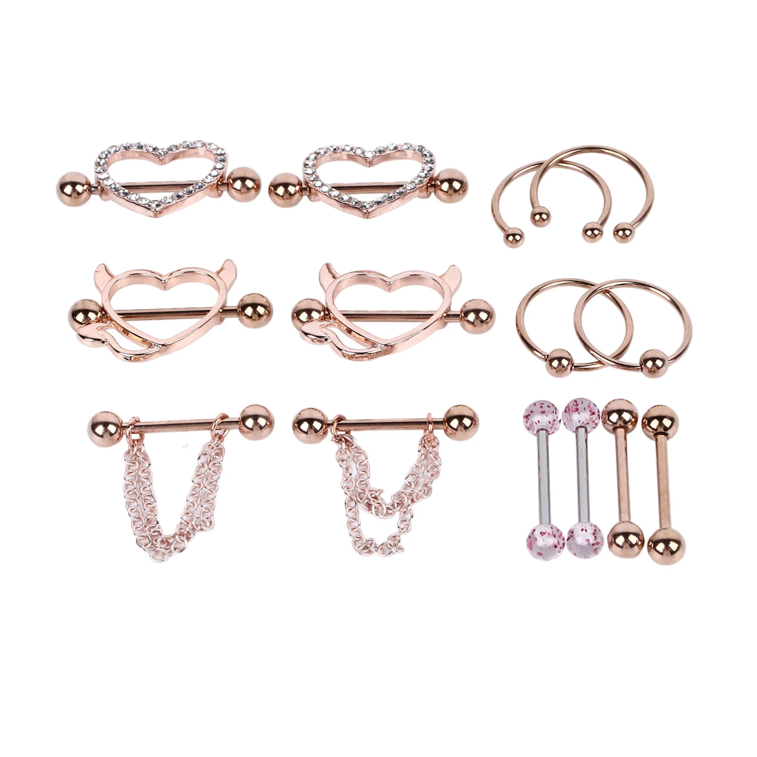 7 Pairs Stainless Steel Nipple Ring Heart Shaped Rose Gold Cool Safe Tongue Ring for Women Girls