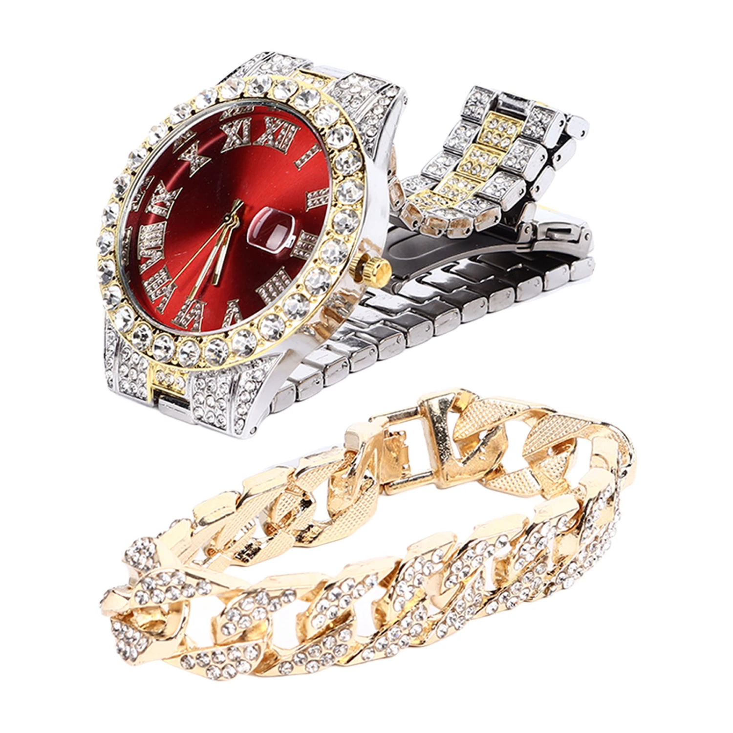 Watch Bracelet Set Diamond Decoration Built in Calender Stainless Steel Strap Business Quartz Watch for Men Gift