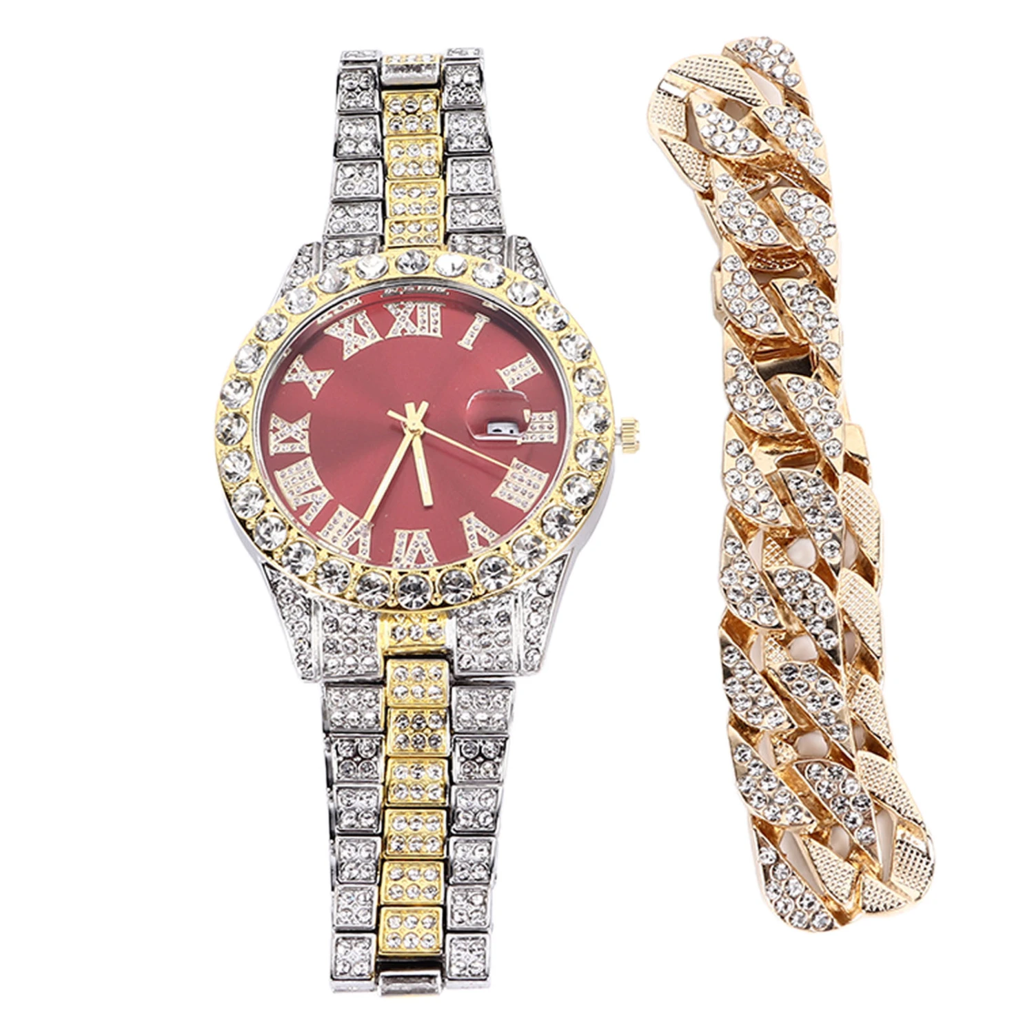 Watch Bracelet Set Diamond Decoration Built in Calender Stainless Steel Strap Business Quartz Watch for Men Gift