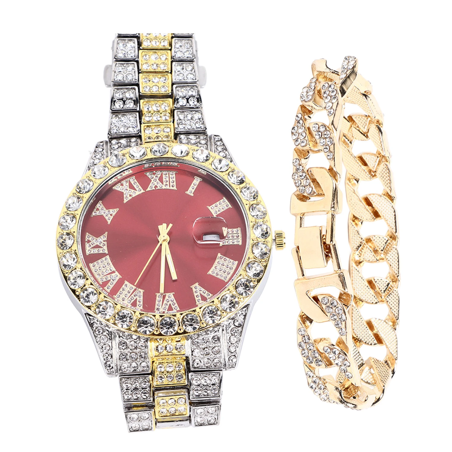 Watch Bracelet Set Diamond Decoration Built in Calender Stainless Steel Strap Business Quartz Watch for Men Gift