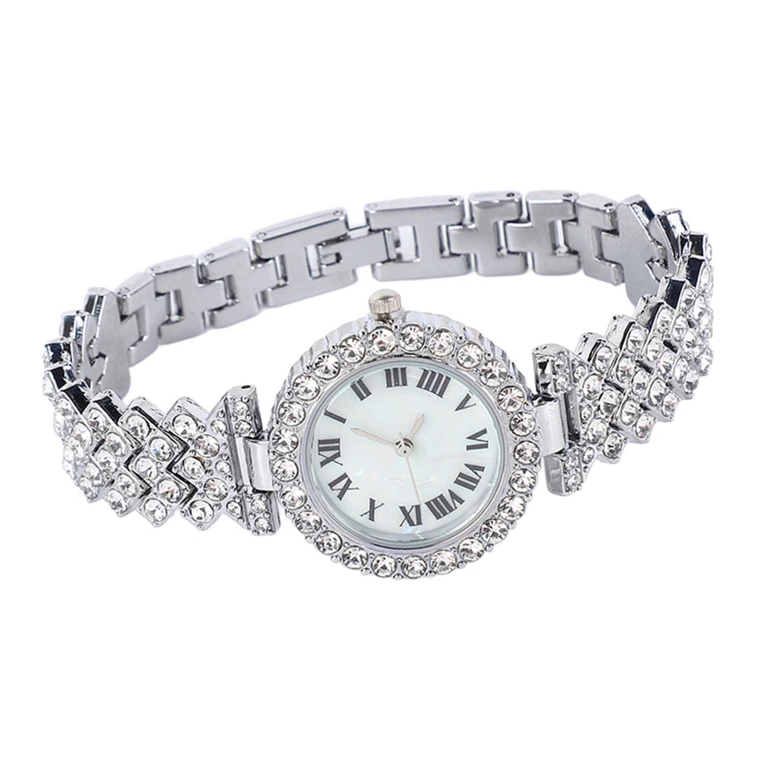 Watch and Bracelet Set Elegant Silver Rhinestone Wrist Watch for Women Mother Girl Birthday Day Gift