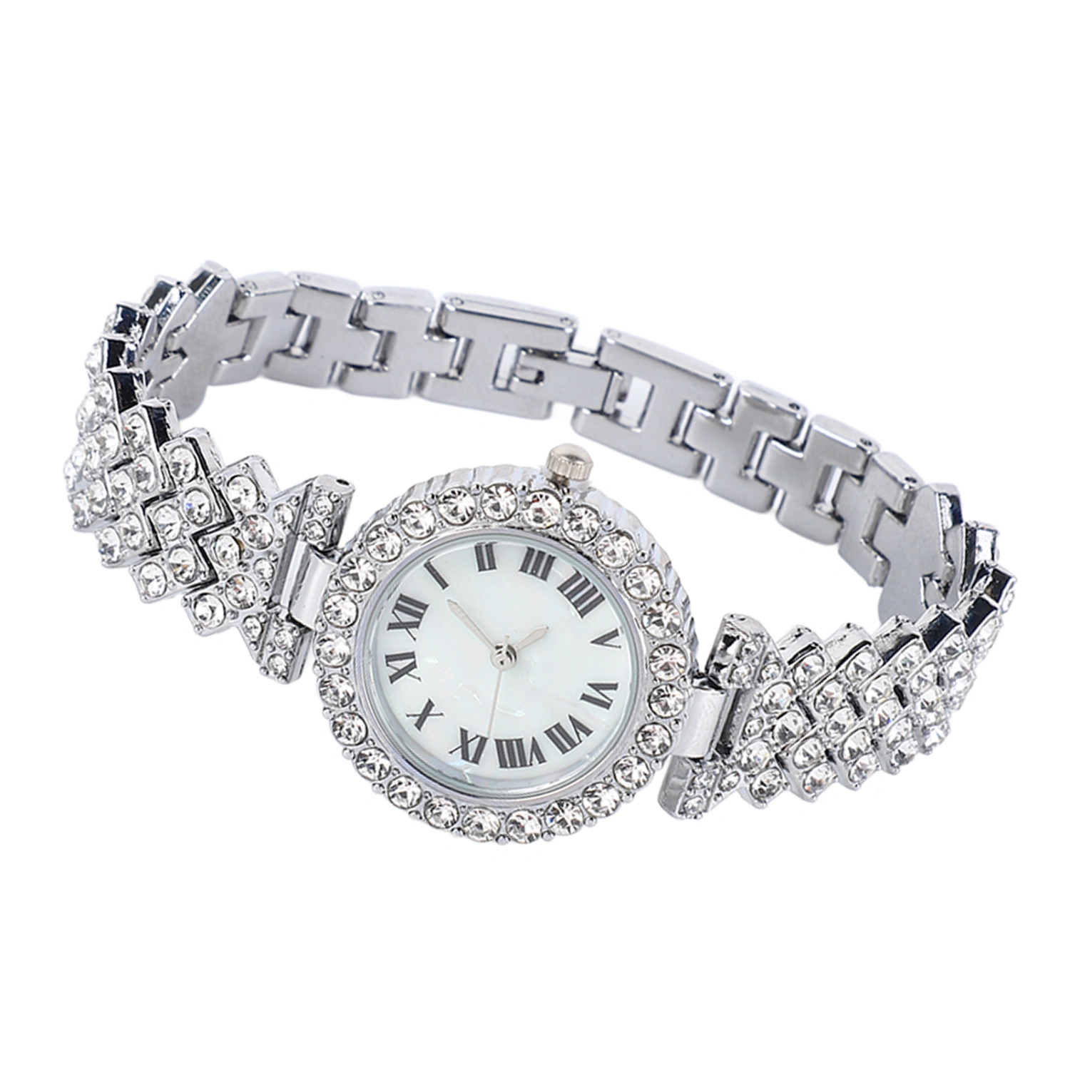 Watch and Bracelet Set Elegant Silver Rhinestone Wrist Watch for Women Mother Girl Birthday Day Gift