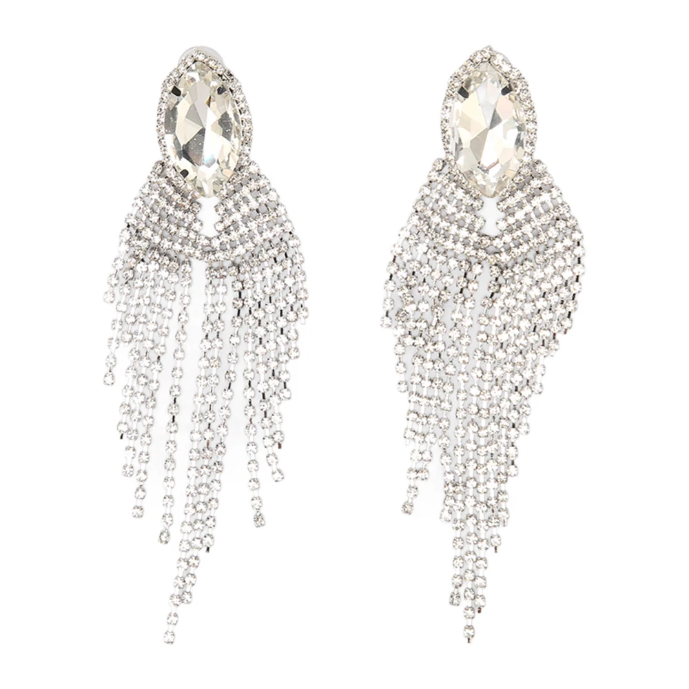 2Pcs Rhinestone Dangling Earrings Hand Made Beaded Fringe Tassel Earrings for Women Girls Bridal Wedding Silver