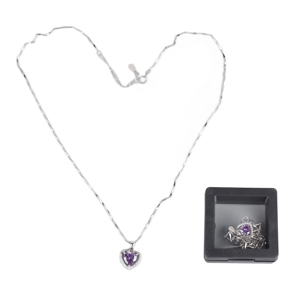 S925 Sterling Silver Necklace Purple Heart Rhinestone Pendant Fashionable Collarbone Chain Jewelry