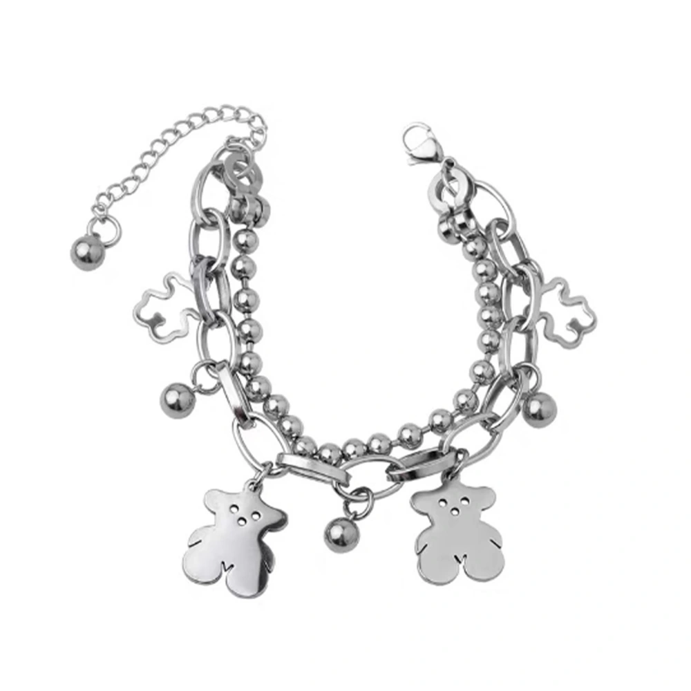 Double Layered Cute Hollow Bear Pendant Bracelet Women Stainless Steel Fashionable Beaded Bracelet Jewelry