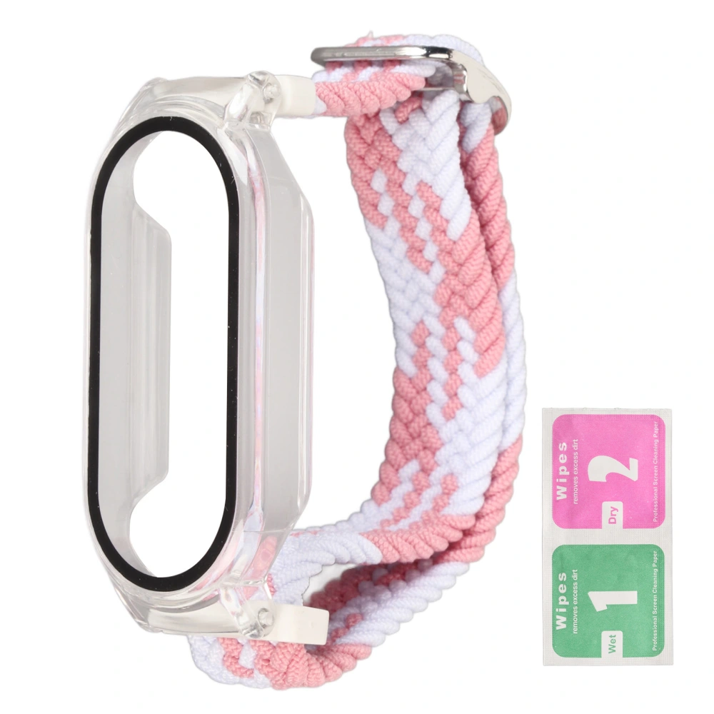 Soft Nylon Braided Watch Strap Band with Bumper Case Screen Protector Accessory Fit for Mi Band 7 Pink White and Transparent Case