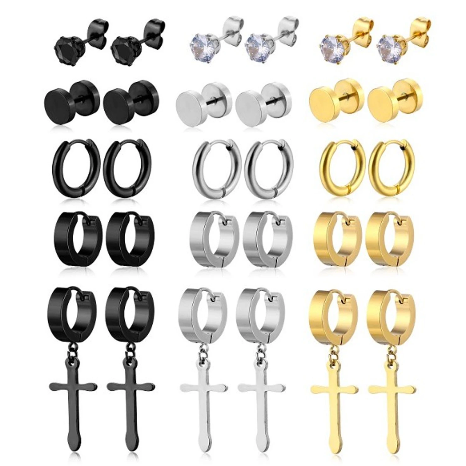 15 Pairs Black Cross Dangle Earrings for Men Women Stainless Steel Different Shape Fashion Earrings Set