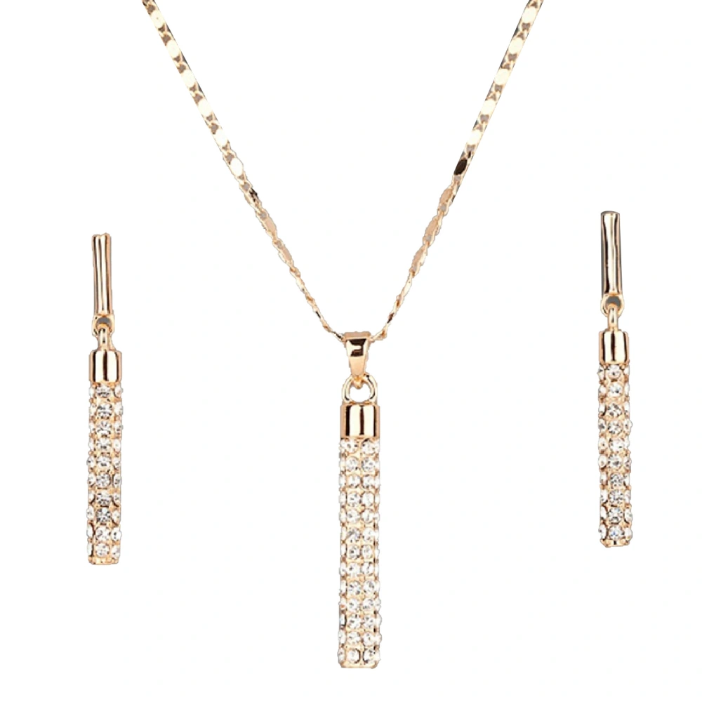 Vertical Bar Earrings Necklace Set Zinc Alloy Diamond Studded Cylindrical Rod Necklace Pendant for Women Electroplated Gold