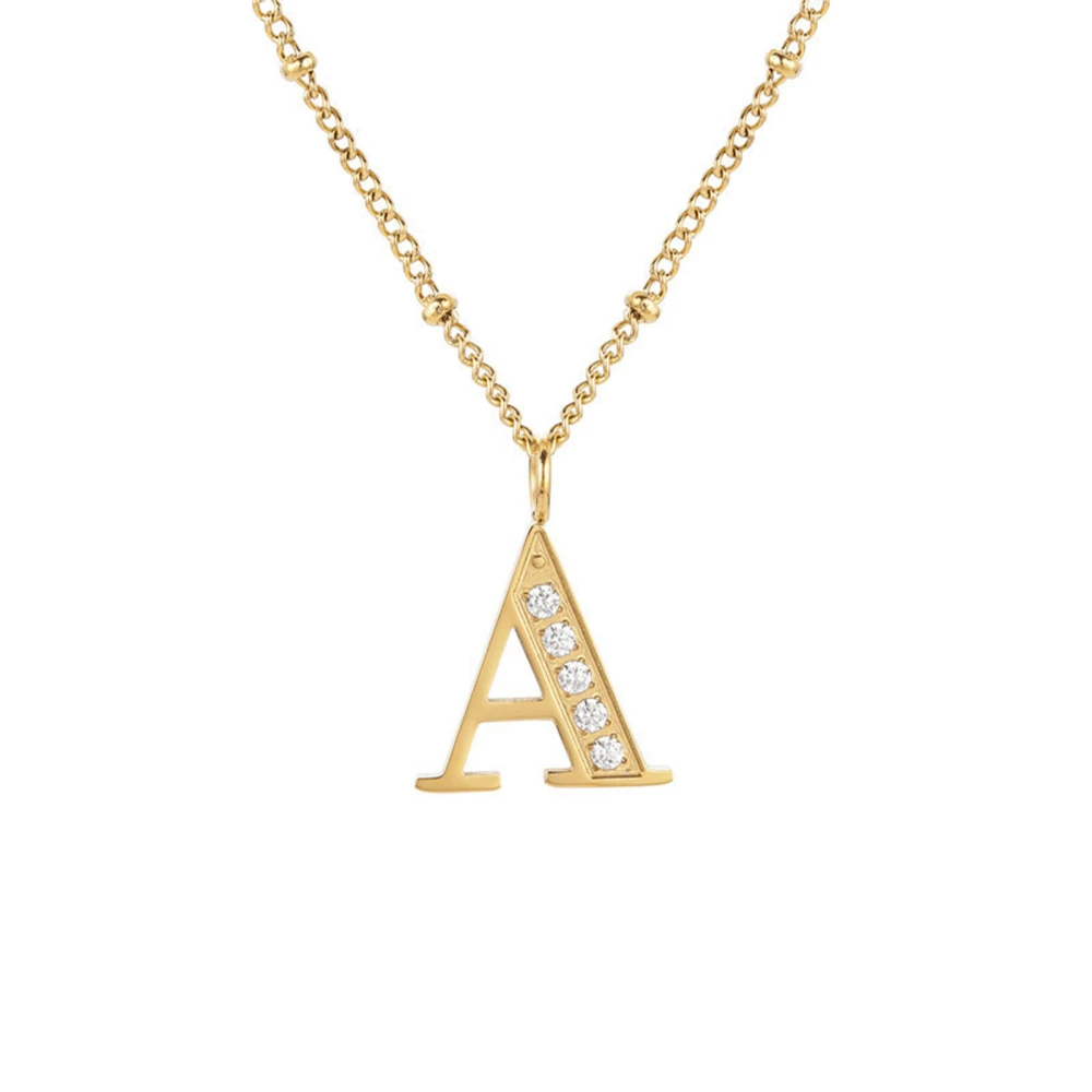 Golden Letter A Necklace Stainless Steel CNC Inlaid Decorative Neck Pendant for Women Girls Gold