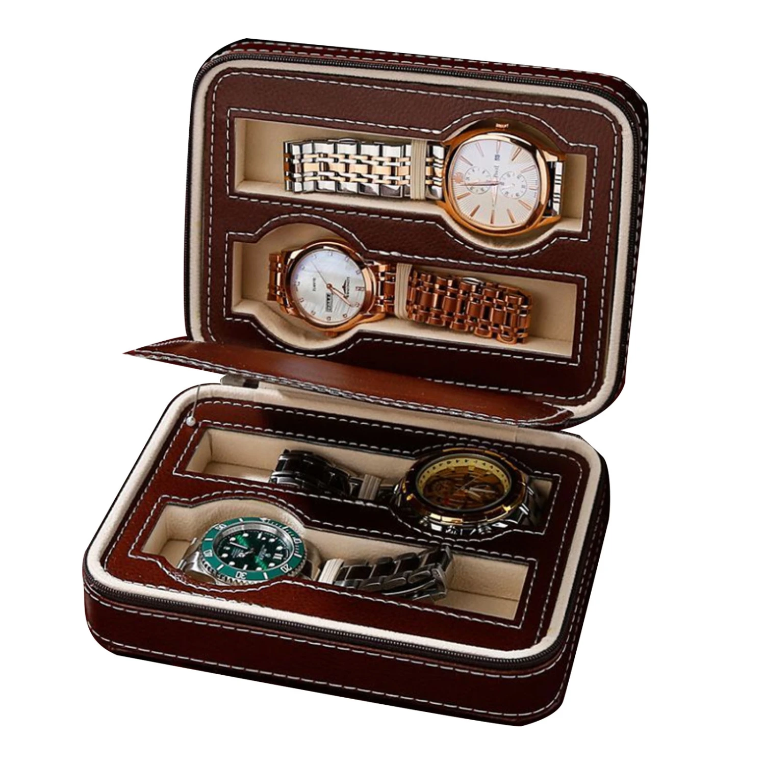 Watch Box Portable Zipper Design Simple Fashionable Watch Storage Oganizer Watch Case Brown 4 Slots