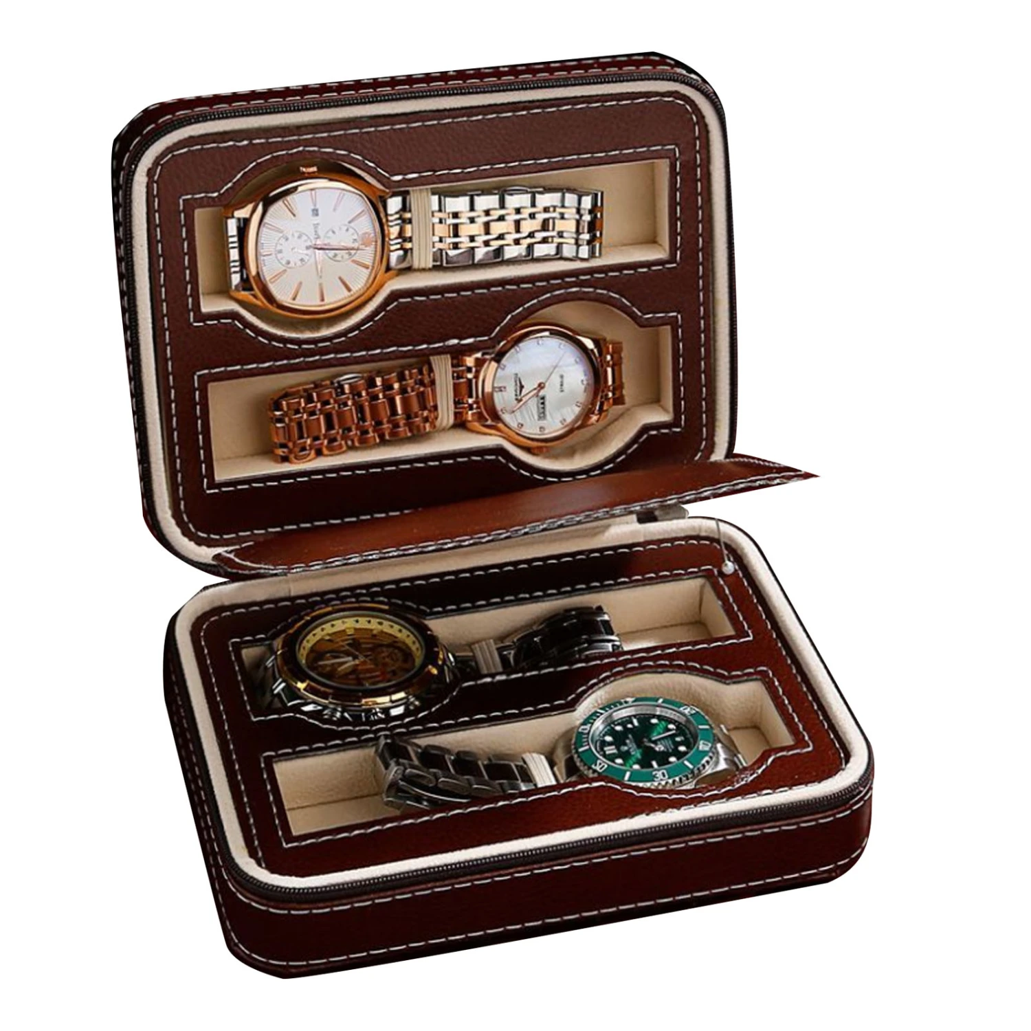 Watch Box Portable Zipper Design Simple Fashionable Watch Storage Oganizer Watch Case Brown 4 Slots