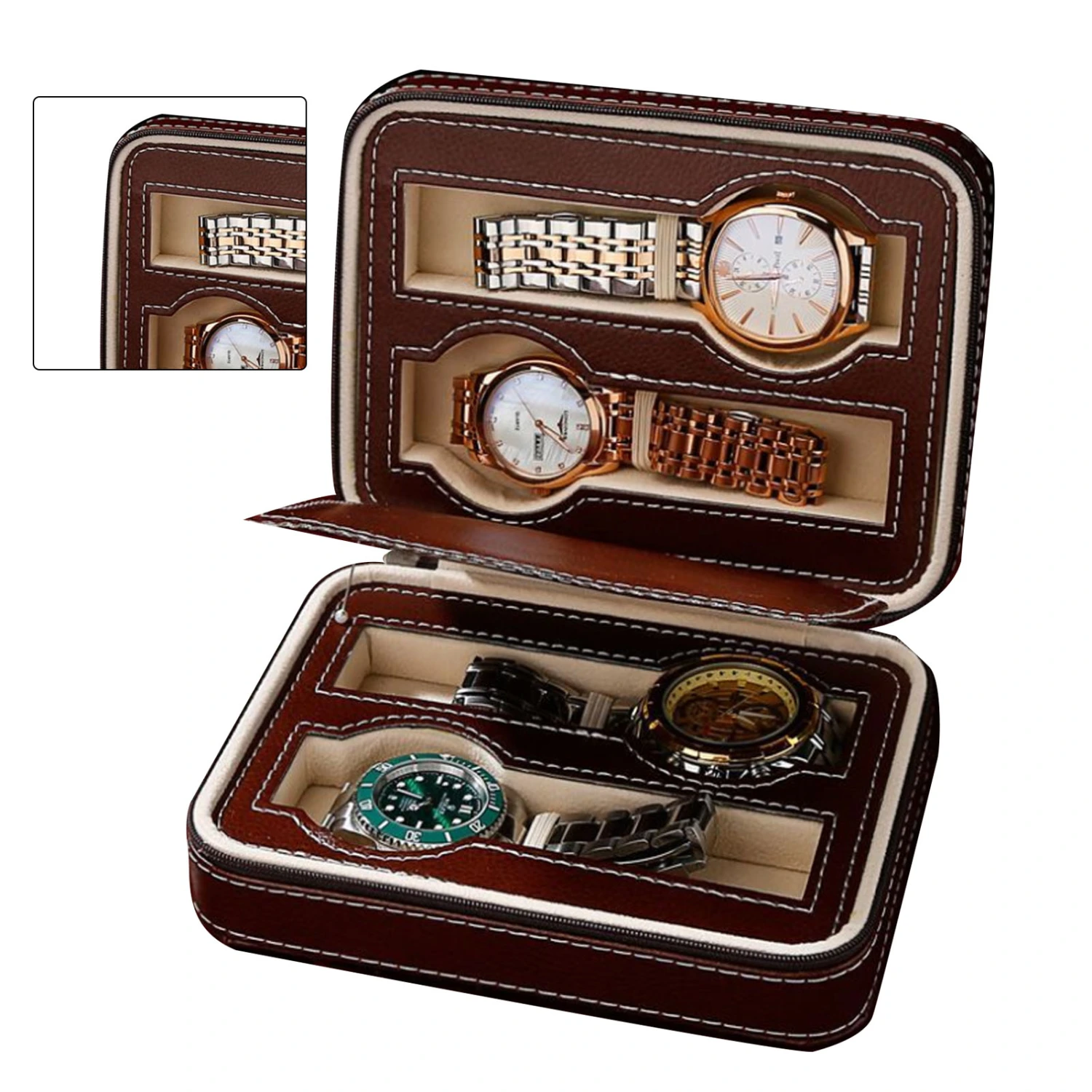Watch Box Portable Zipper Design Simple Fashionable Watch Storage Oganizer Watch Case Brown 4 Slots