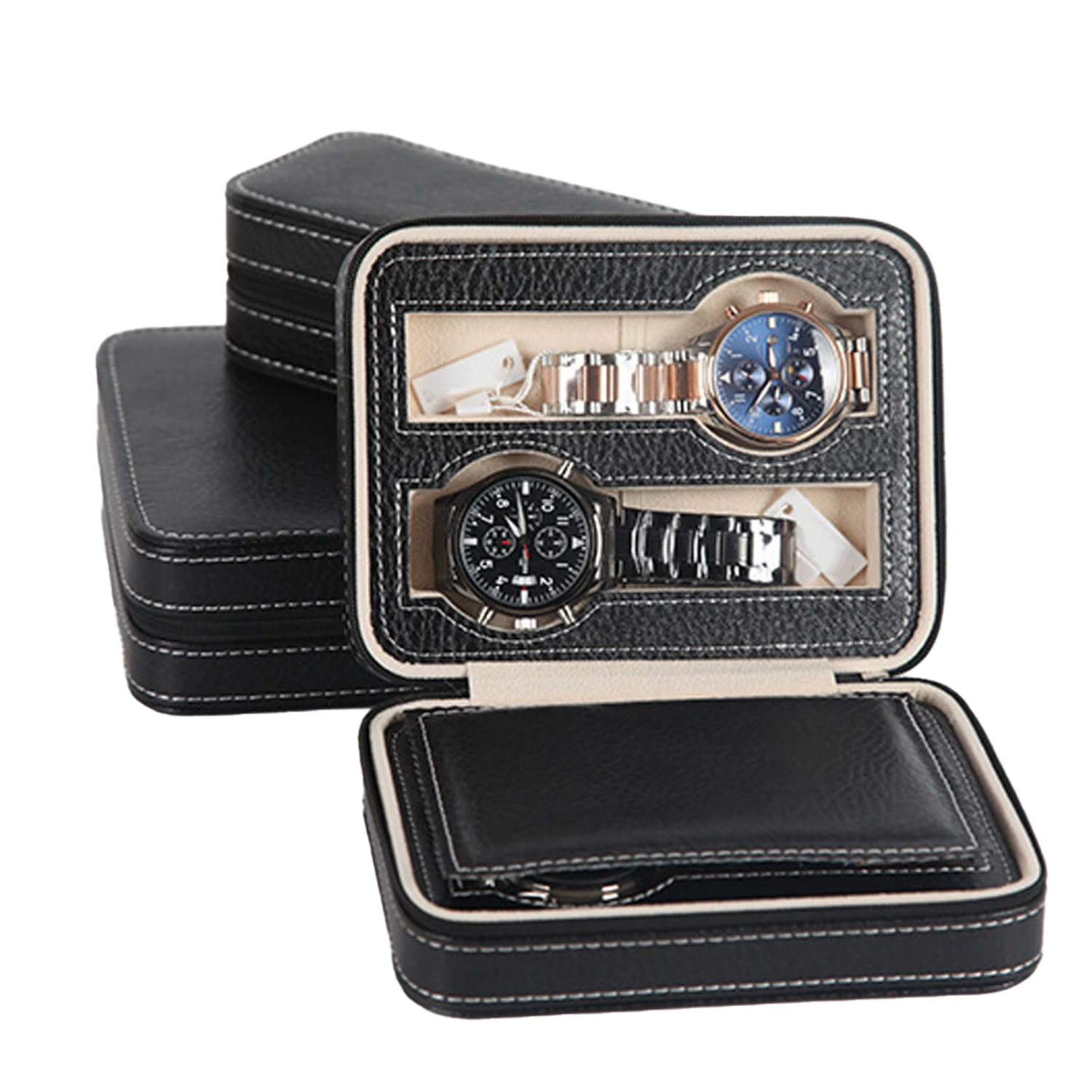Watch Box Portable Zipper Design Simple Fashionable Watch Storage Oganizer Watch Case Black 4 Slots