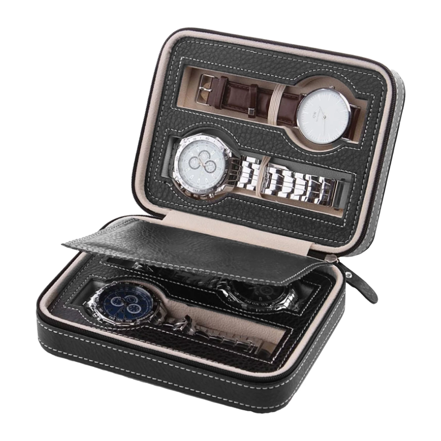 Watch Box Portable Zipper Design Simple Fashionable Watch Storage Oganizer Watch Case Black 4 Slots