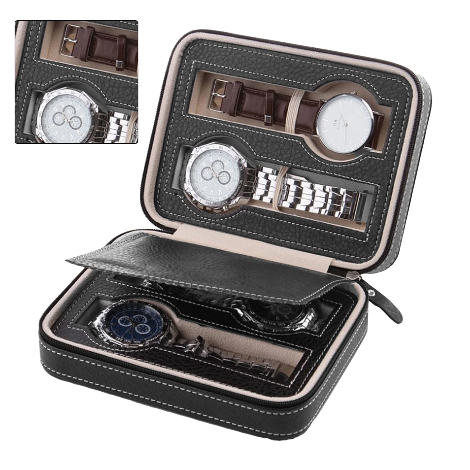 Watch Box Portable Zipper Design Simple Fashionable Watch Storage Oganizer Watch Case Black 4 Slots