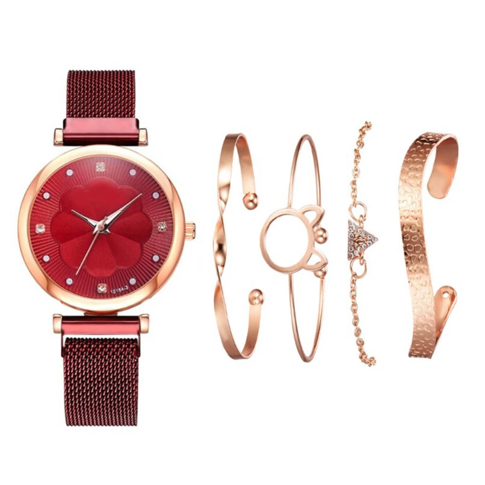 5pcs Bangle Watch Set Quartz Alloy Elegent High Glossy Daily Accessories Jewelry Set with Storage Box Red