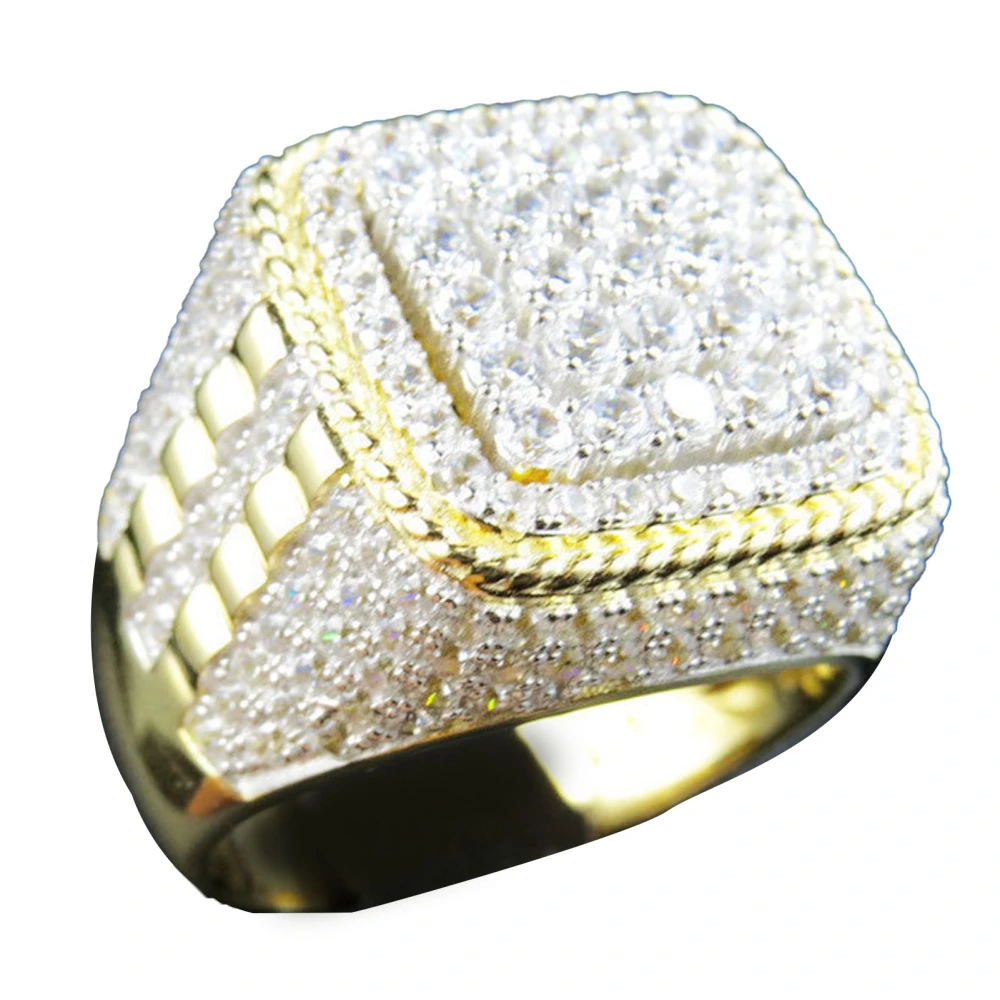 Hip Hop Ring Golden Zinc Alloy Artificial Diamond Personality Hip Hop Ring for Men Golden 7