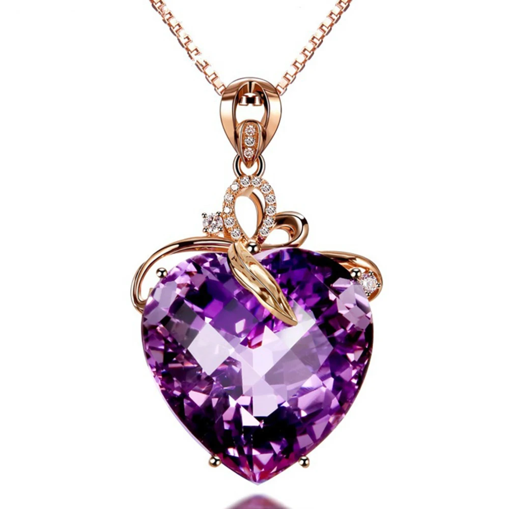 Women Necklace Synthetic Crystal Heart Shaped Purple Elegant Pendant Necklace Jewelry