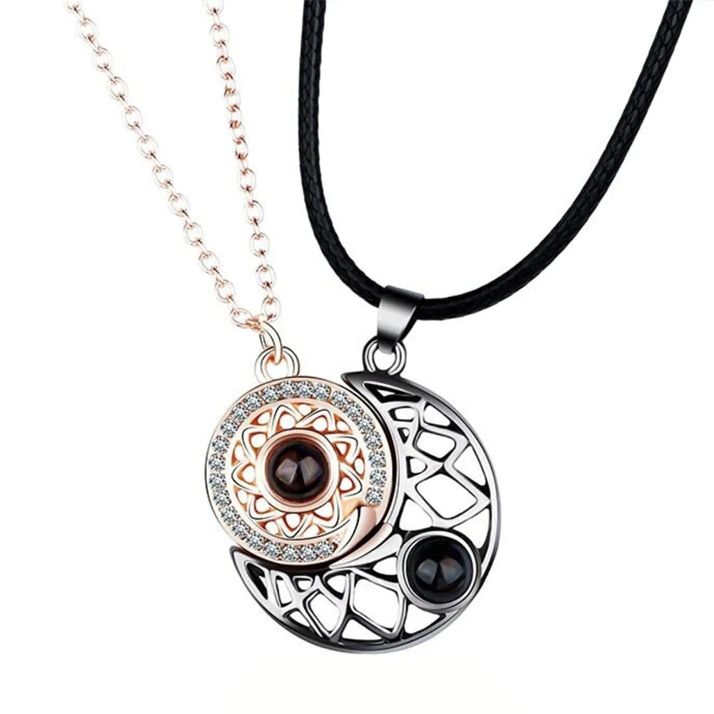 Necklace Sun and Moon Theme Rose Gold Silver Black Zinc Alloy Fashionable Style Matching Couple Necklace for Daily Wear