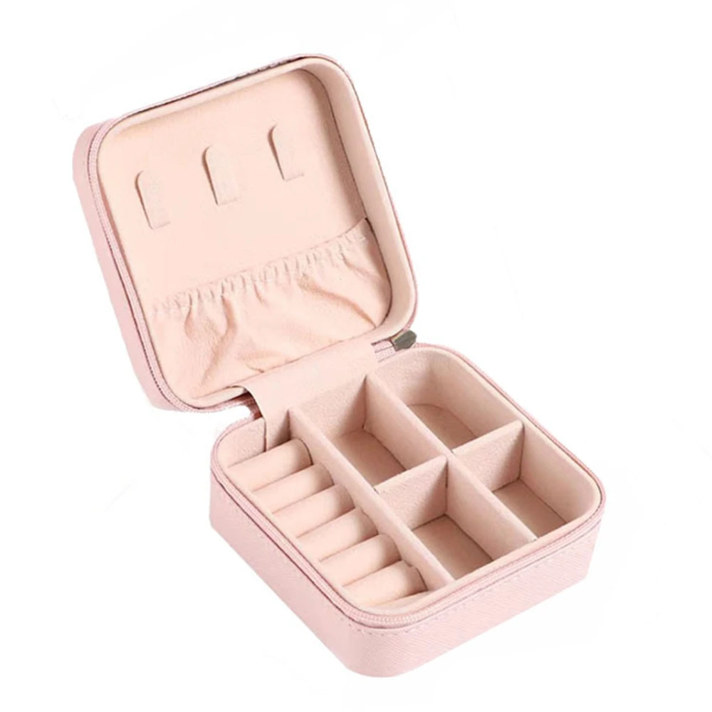 Portable Jewelry Case Multiple Grids Lightweight Mini Travel Jewellery Box with Zipper for Home Business Trip Pink