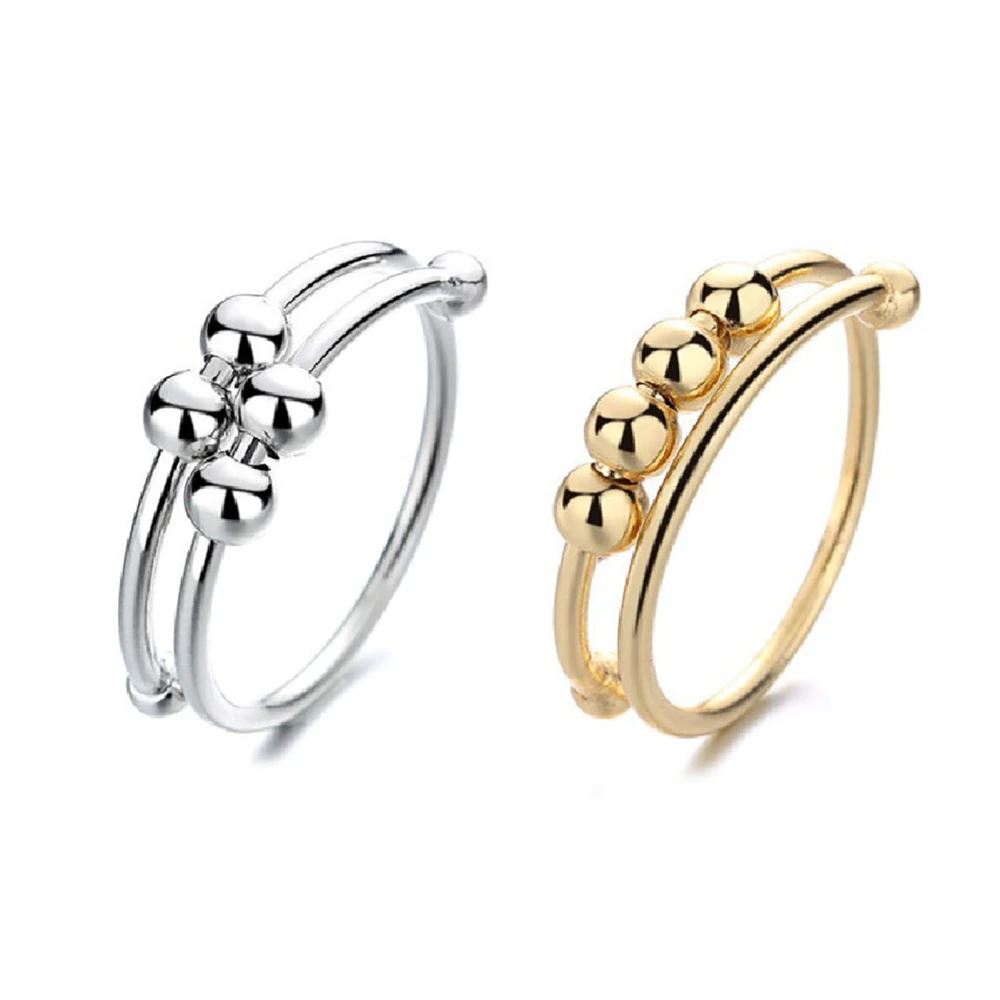 2 Pcs Fidget Ring Gold and Silver Alloy Reduce Anxiety Relax Mind Open Bead Rings Women Finger Accessories