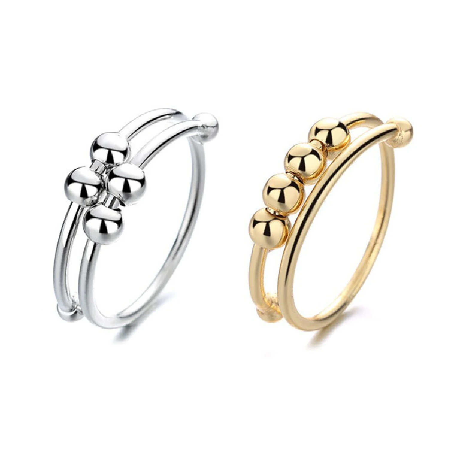 2 Pcs Fidget Ring Gold and Silver Alloy Reduce Anxiety Relax Mind Open Bead Rings Women Finger Accessories
