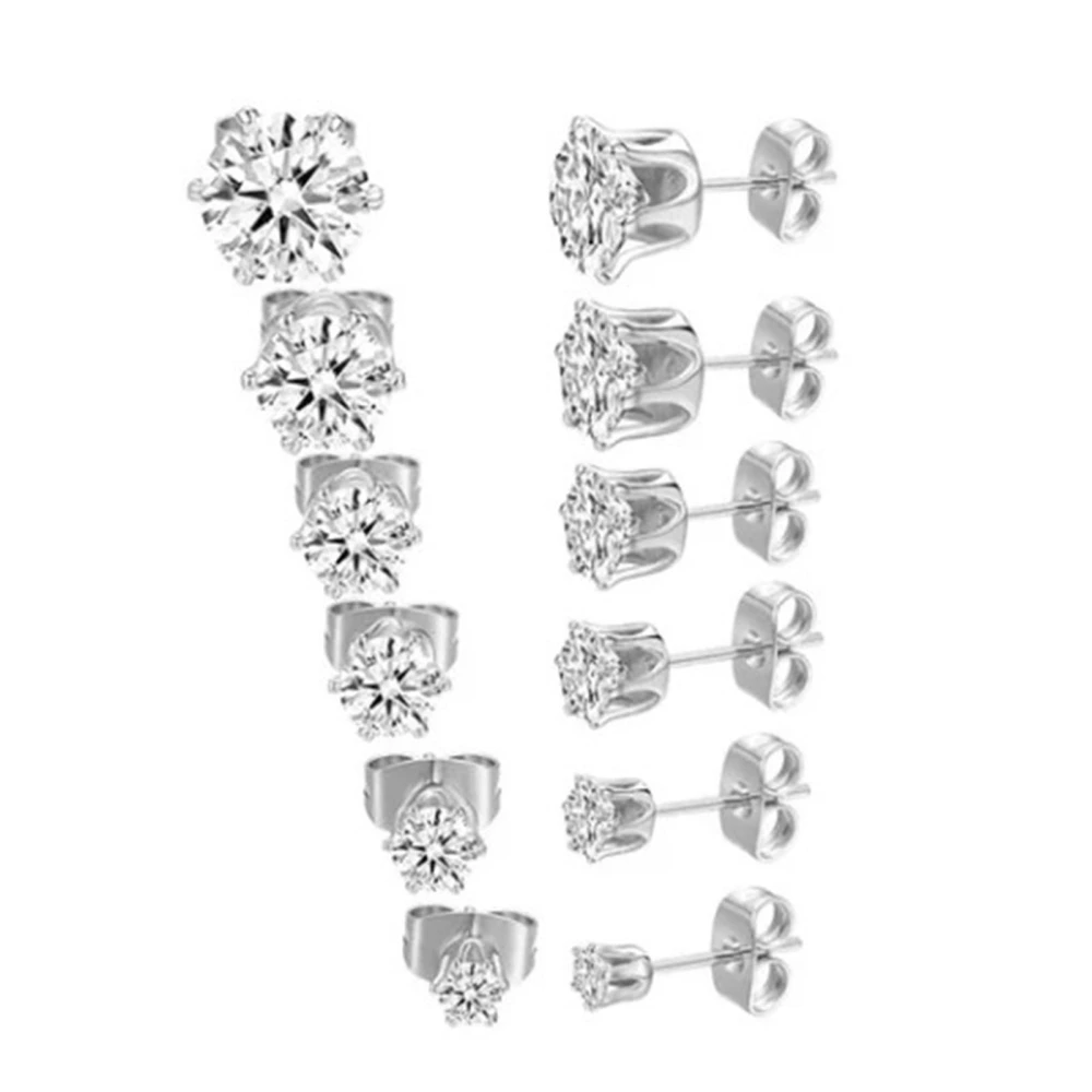 6 Pairs Ear Studs Stud Earring Set 6 Claw Stainless Steel Zircon Pierced Jewelry Accessories 3‑8mm