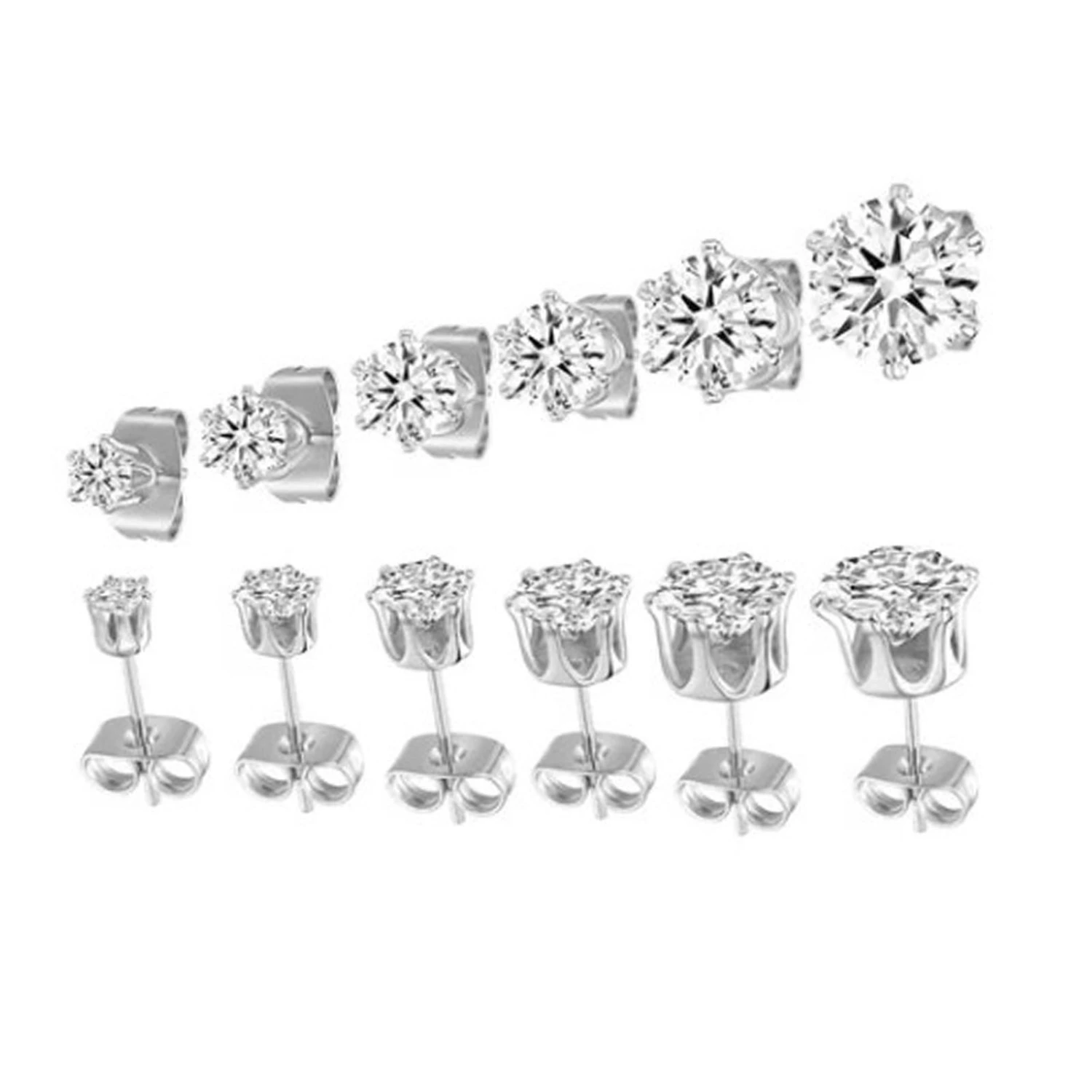 6 Pairs Ear Studs Stud Earring Set 6 Claw Stainless Steel Zircon Pierced Jewelry Accessories 3‑8mm