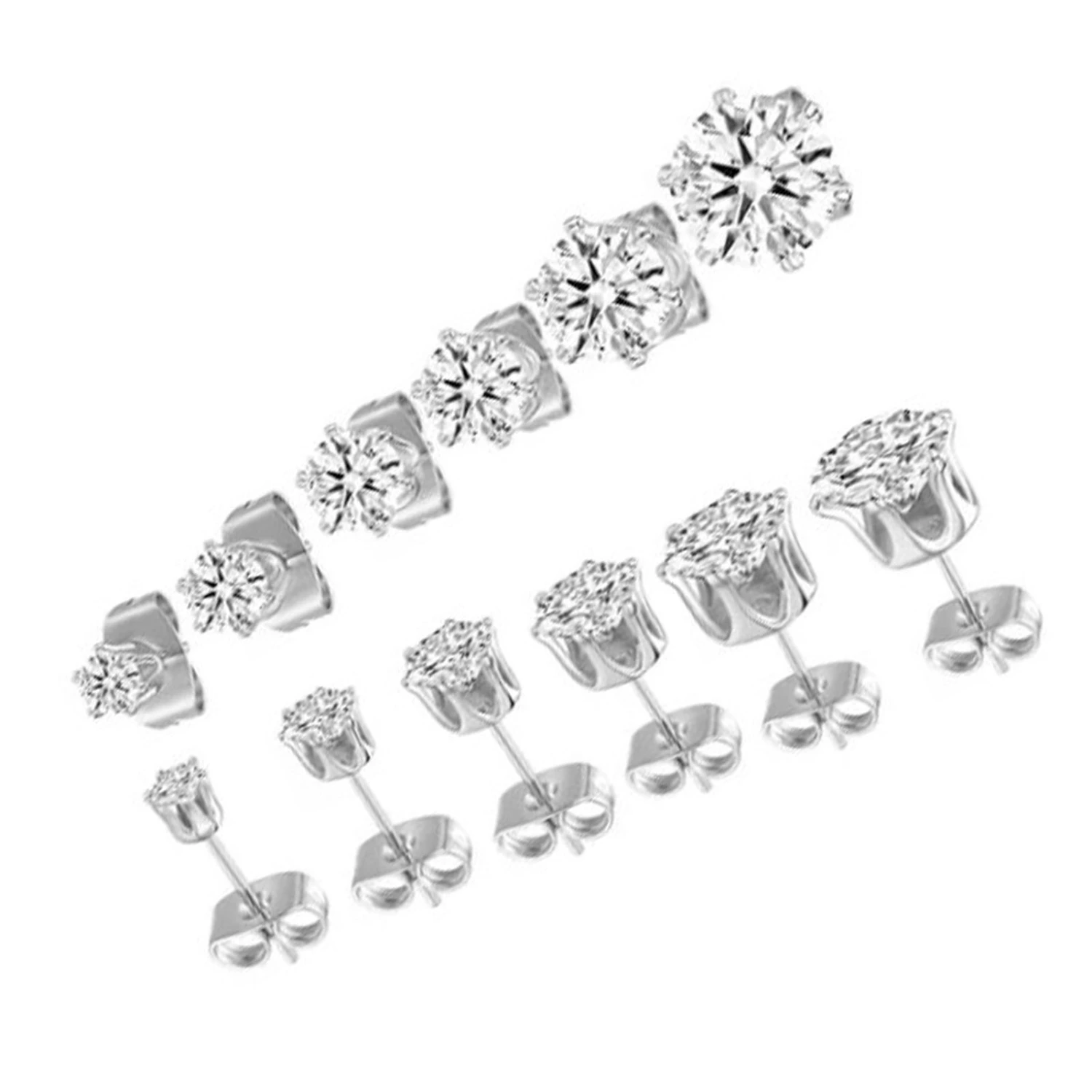 6 Pairs Ear Studs Stud Earring Set 6 Claw Stainless Steel Zircon Pierced Jewelry Accessories 3‑8mm