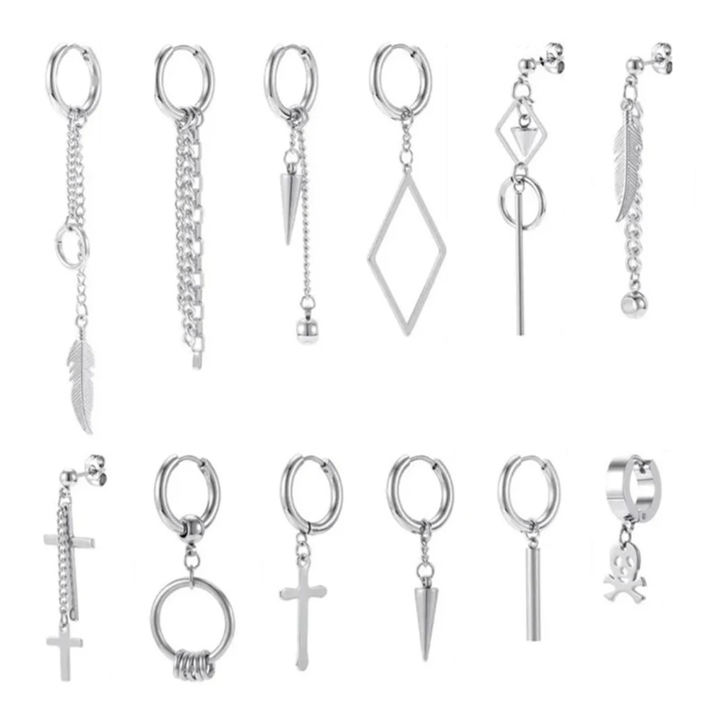 12PCS Metal Tassel Earrings Stainless Steel Decorative Dangle Earrings Earwear Jewelry Set Sliver