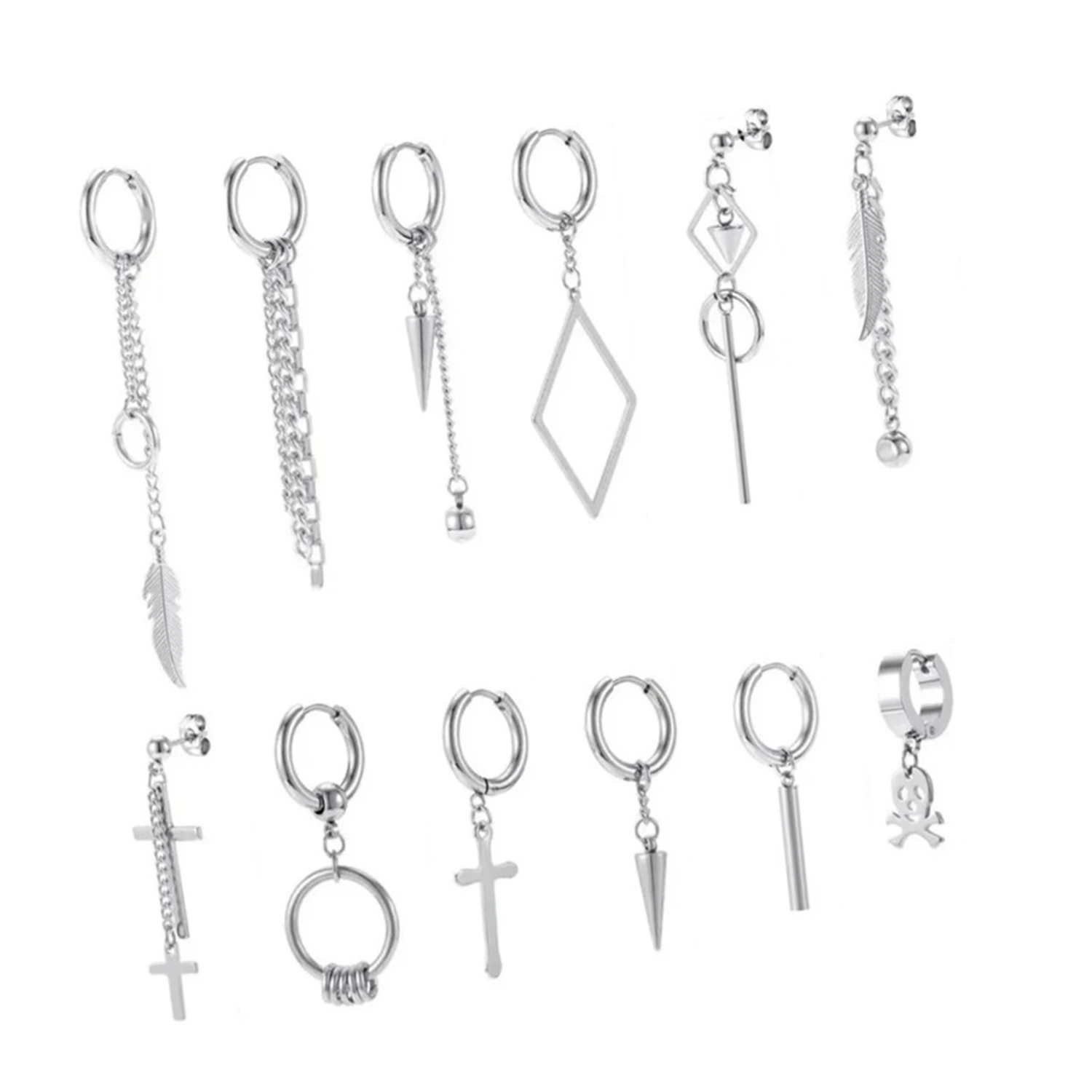 12PCS Metal Tassel Earrings Stainless Steel Decorative Dangle Earrings Earwear Jewelry Set Sliver