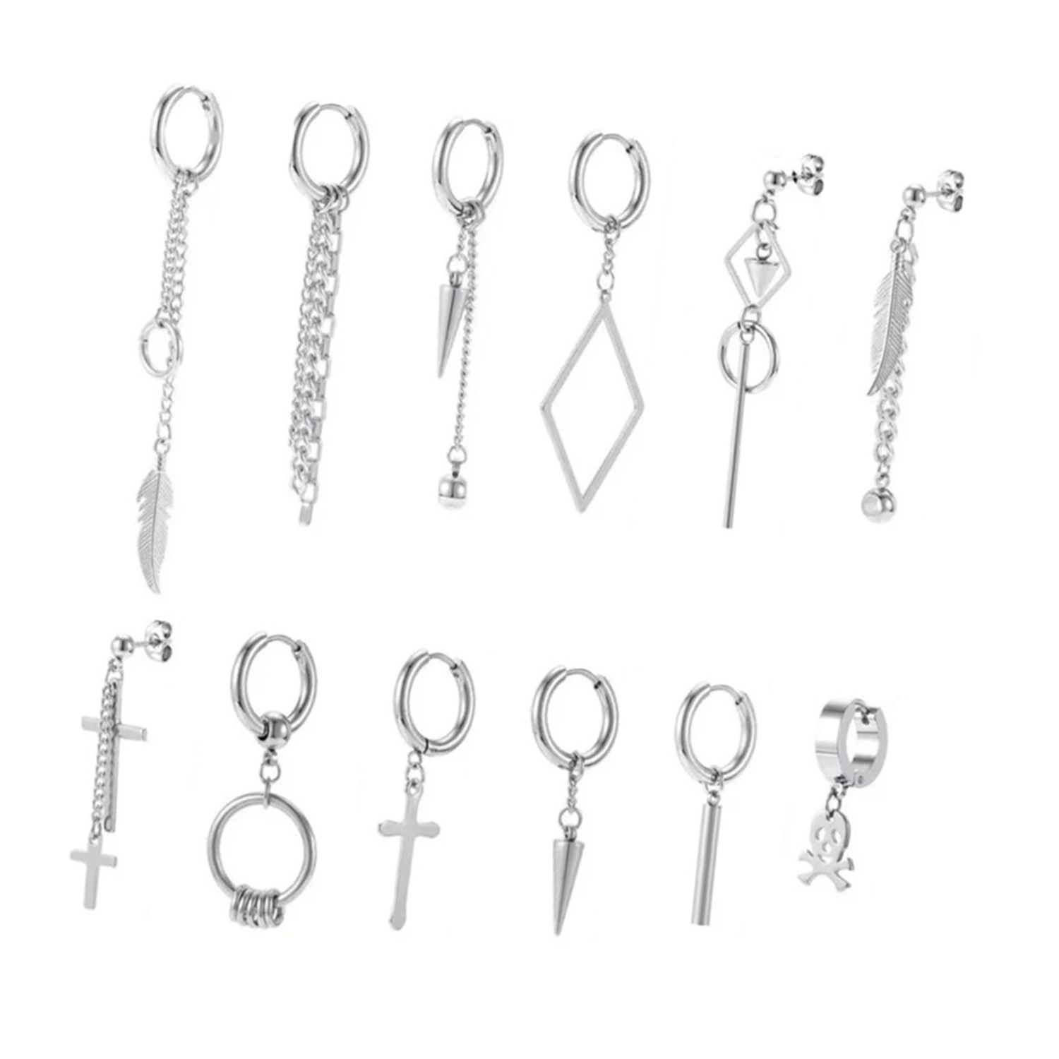 12PCS Metal Tassel Earrings Stainless Steel Decorative Dangle Earrings Earwear Jewelry Set Sliver