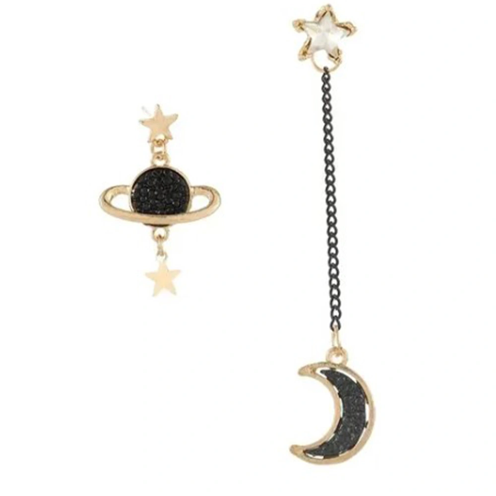 Moon Star Earrings Black Asymmetric Stylish Durable Alloy Exquisite Color Long Dangle Earrings for Dating Ball Party