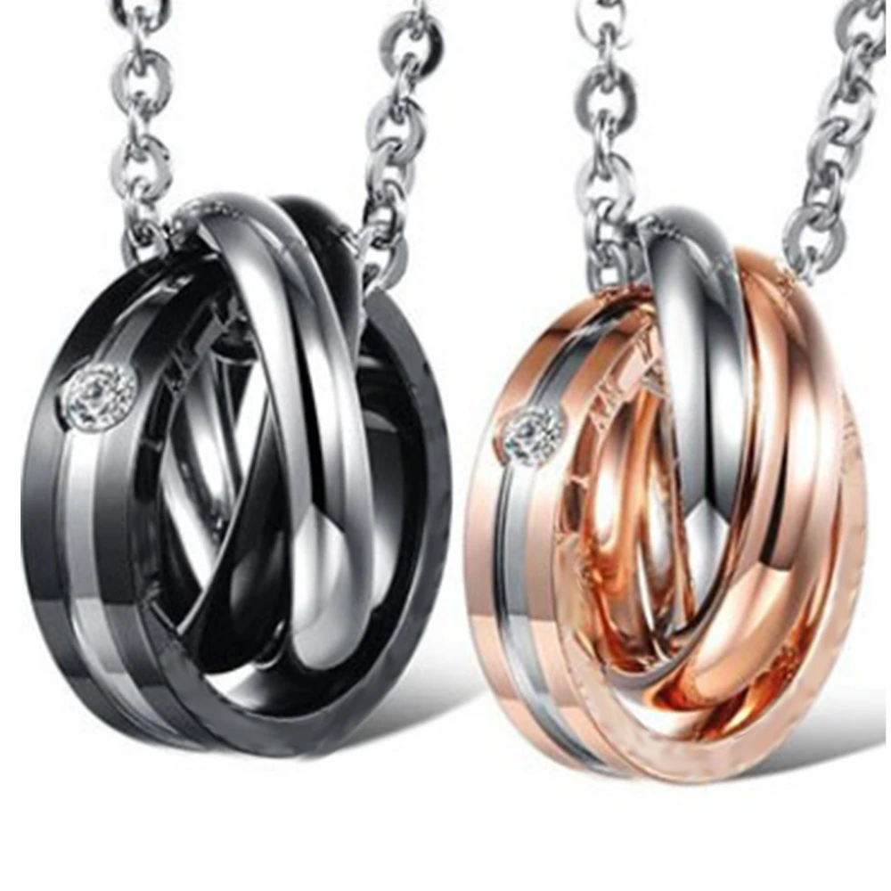 2pcs Couple Necklaces 3 Rings Pendant Stainless Steel Lover Necklaces Black Golden