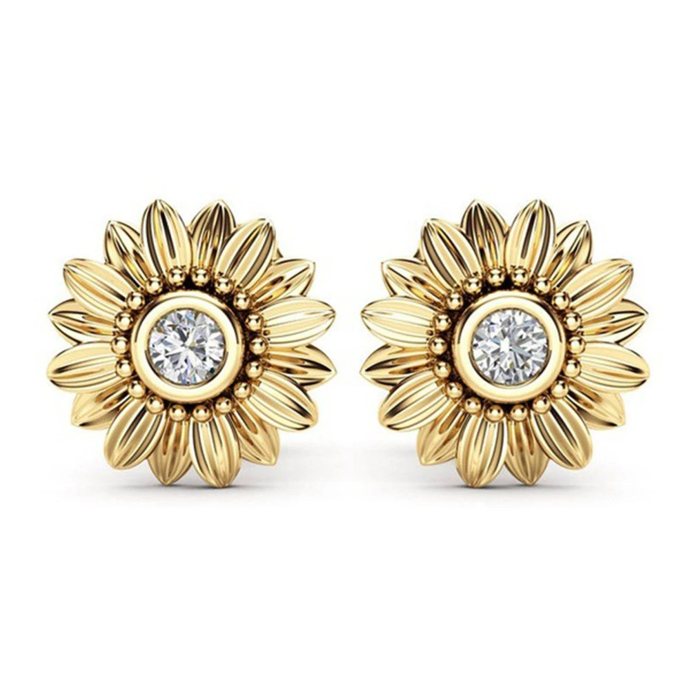 1 Pair Flower Shaped Stud Earrings Women Girls Golden Exquisite Fashionable Rhinestone Earrings for Dating