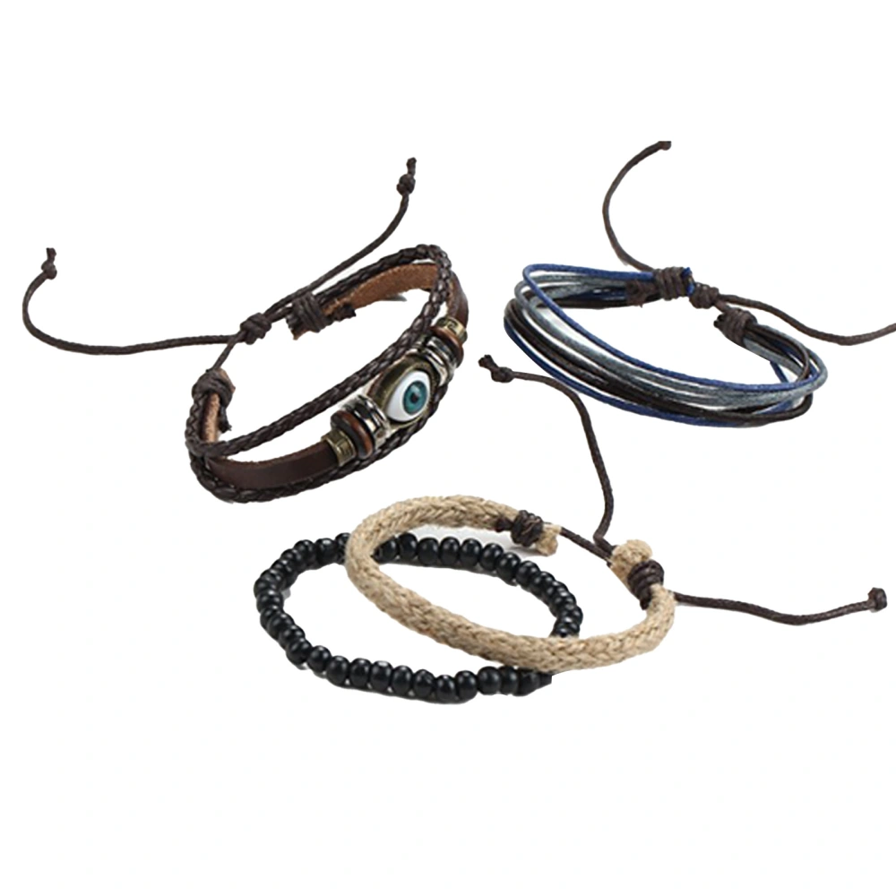 4pcs Woven PU Leather Bracelet Vintage Style Eye Pattern Adjust Size Multilayers Bracelet Set for Men