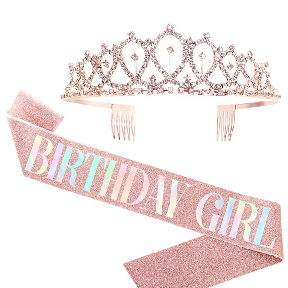 Birthday Sash Crown Add Ambience Colored Lightweight Birthday Tiara Sash for Birthday Party Rose Gold