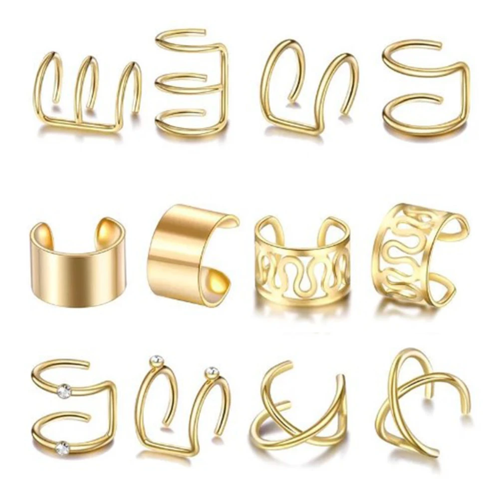 12pcs Ear Cuff Earrings Fashion Simple Metal Gold Clip On Wrap Earring Jewelry Set for Women Men