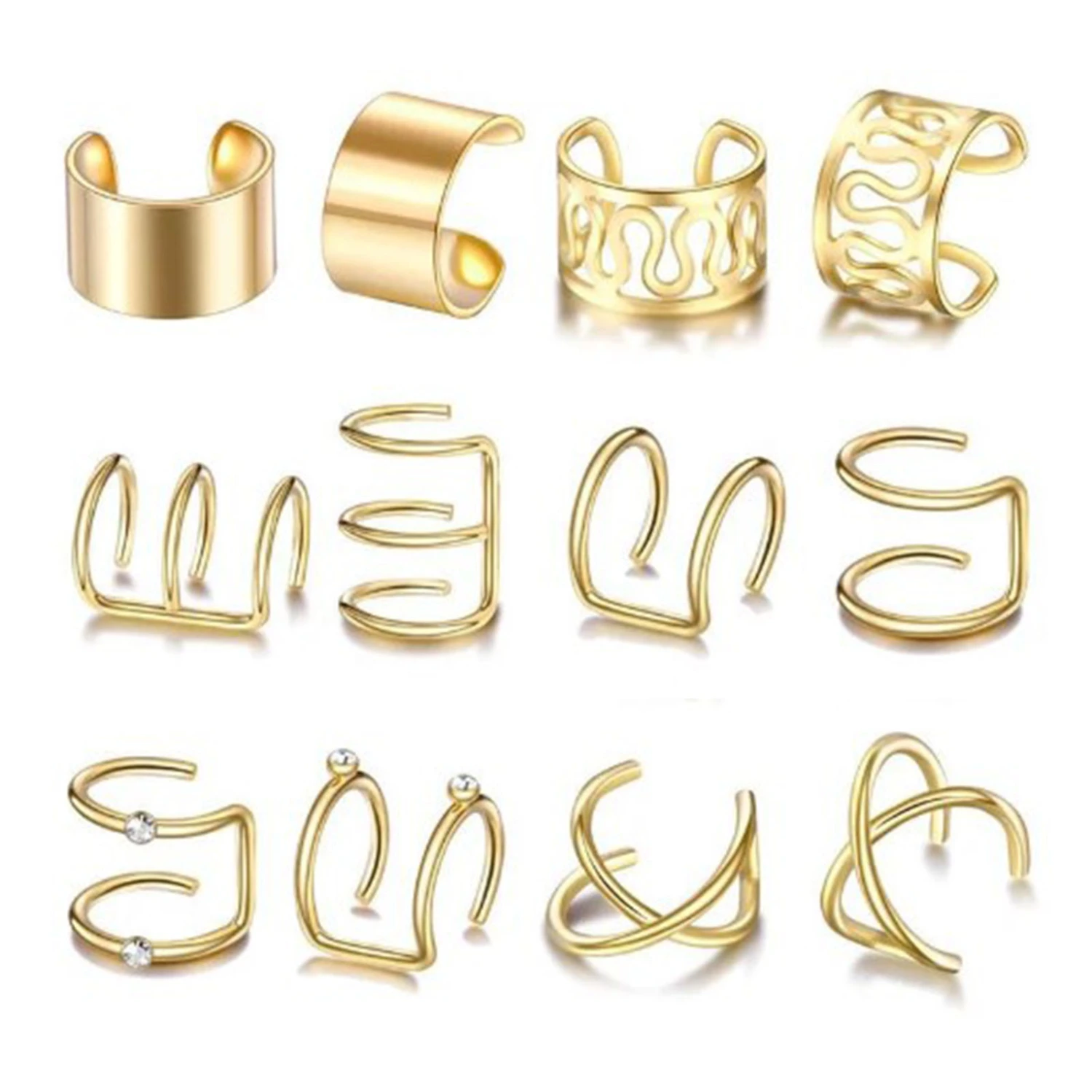 12pcs Ear Cuff Earrings Fashion Simple Metal Gold Clip On Wrap Earring Jewelry Set for Women Men